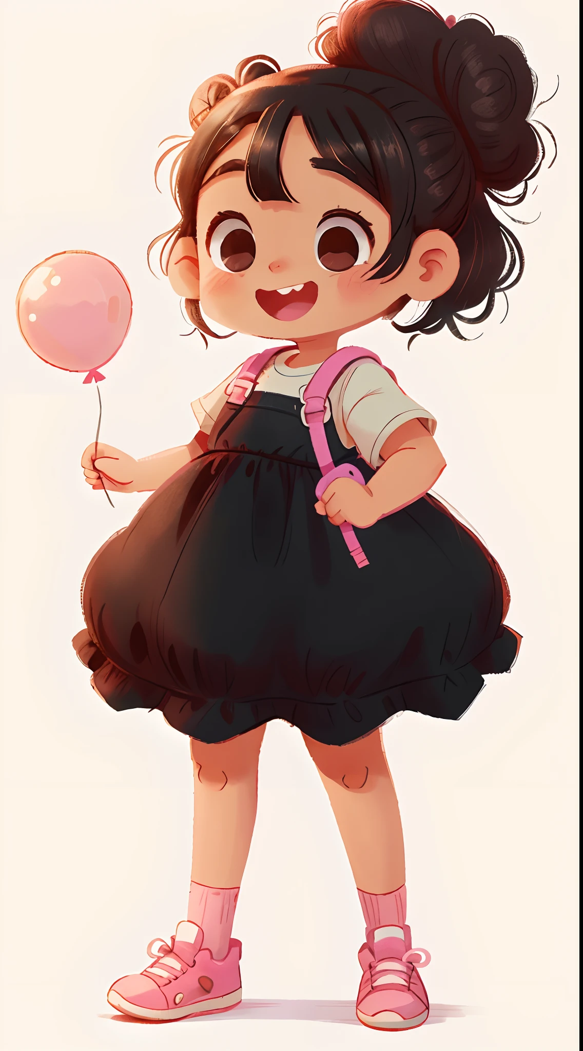 little baby girl, cute, chibi, (((heavy black hair in a bun))), brown eyes, happy, smiling, brown skin, holding a balloon, long pink dress, white sneakers, plain white cinematic, vinyl figurine, high quality, 4k, body whole