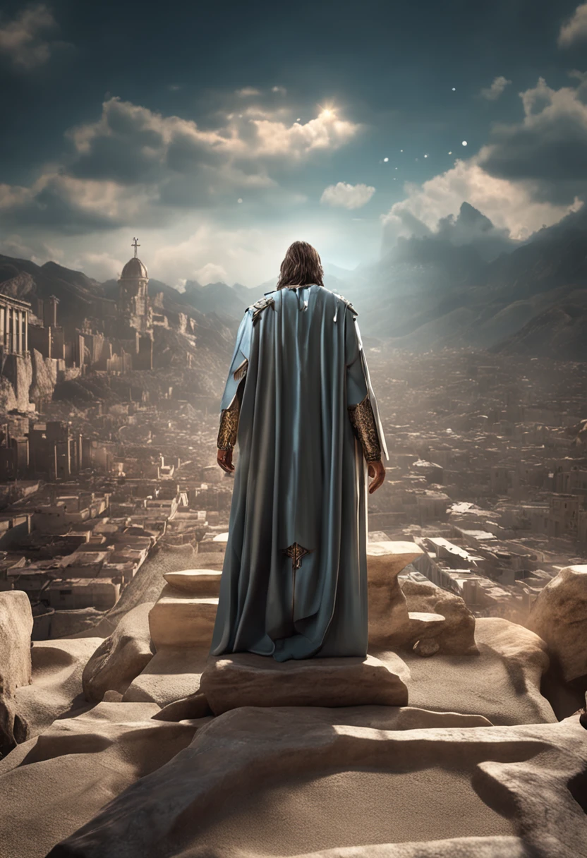 Uma cidade arruinada com estiloImagem de um homem sereno no meio de nuvens de cristal (Jesus Cristo, filho de Deus, em uma pose elegante e imponente em roupas de batalha futuristas, Rising to the sky while looking at the camera;), magia branca reluzente ao redor, Controle de luminosidade, passo da luz, Light spells), Fantasia De Alta Qualidade Foto Stock, Fantasy Style 8k Octane Rendering, Elden Ring Cinematic Lighting, (octan render) estilo fantasia, Unreal Motor render Saint Seiya, picture of a male cleric, dramatic epic cinematic lighting, biblical epic movie, fantasy character Octane rendering, Epic scene of Jesus Christ darkpunk, Cyberpunk