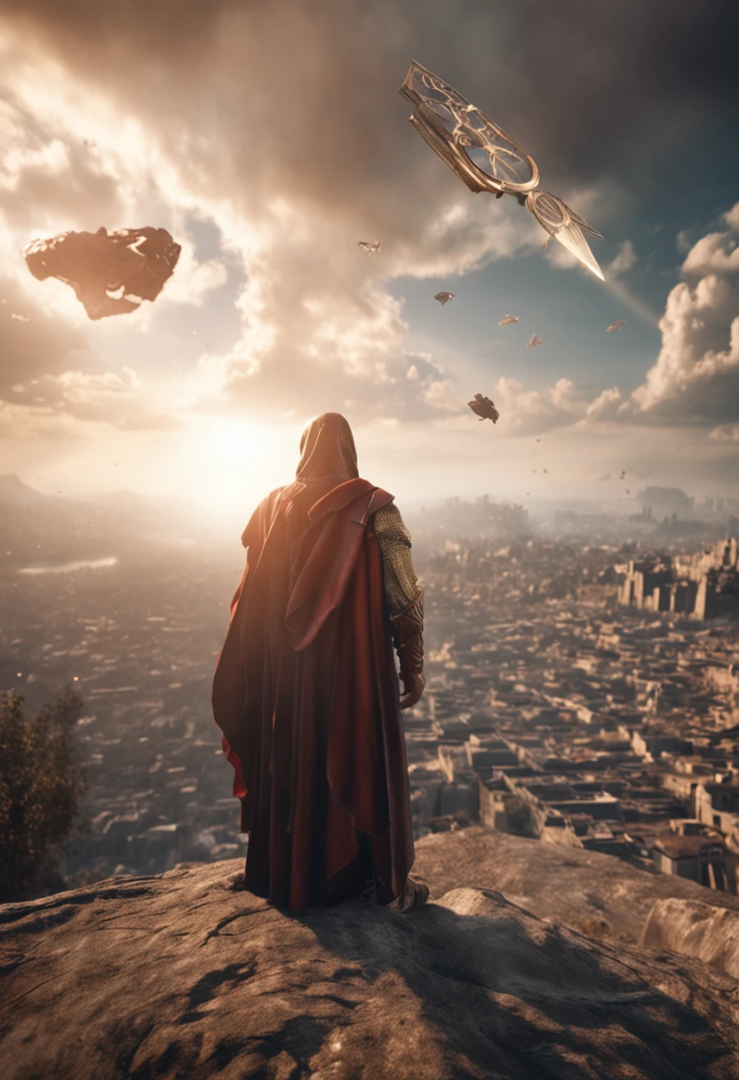 Uma cidade arruinada com estiloImagem de um homem sereno no meio de nuvens de cristal (Jesus Cristo, filho de Deus, em uma pose elegante e imponente em roupas de batalha futuristas, Rising to the sky while looking at the camera;), magia branca reluzente ao redor, Controle de luminosidade, passo da luz, Light spells), Fantasia De Alta Qualidade Foto Stock, Fantasy Style 8k Octane Rendering, Elden Ring Cinematic Lighting, (octan render) estilo fantasia, Unreal Motor render Saint Seiya, picture of a male cleric, dramatic epic cinematic lighting, biblical epic movie, fantasy character Octane rendering, Epic scene of Jesus Christ darkpunk, Cyberpunk