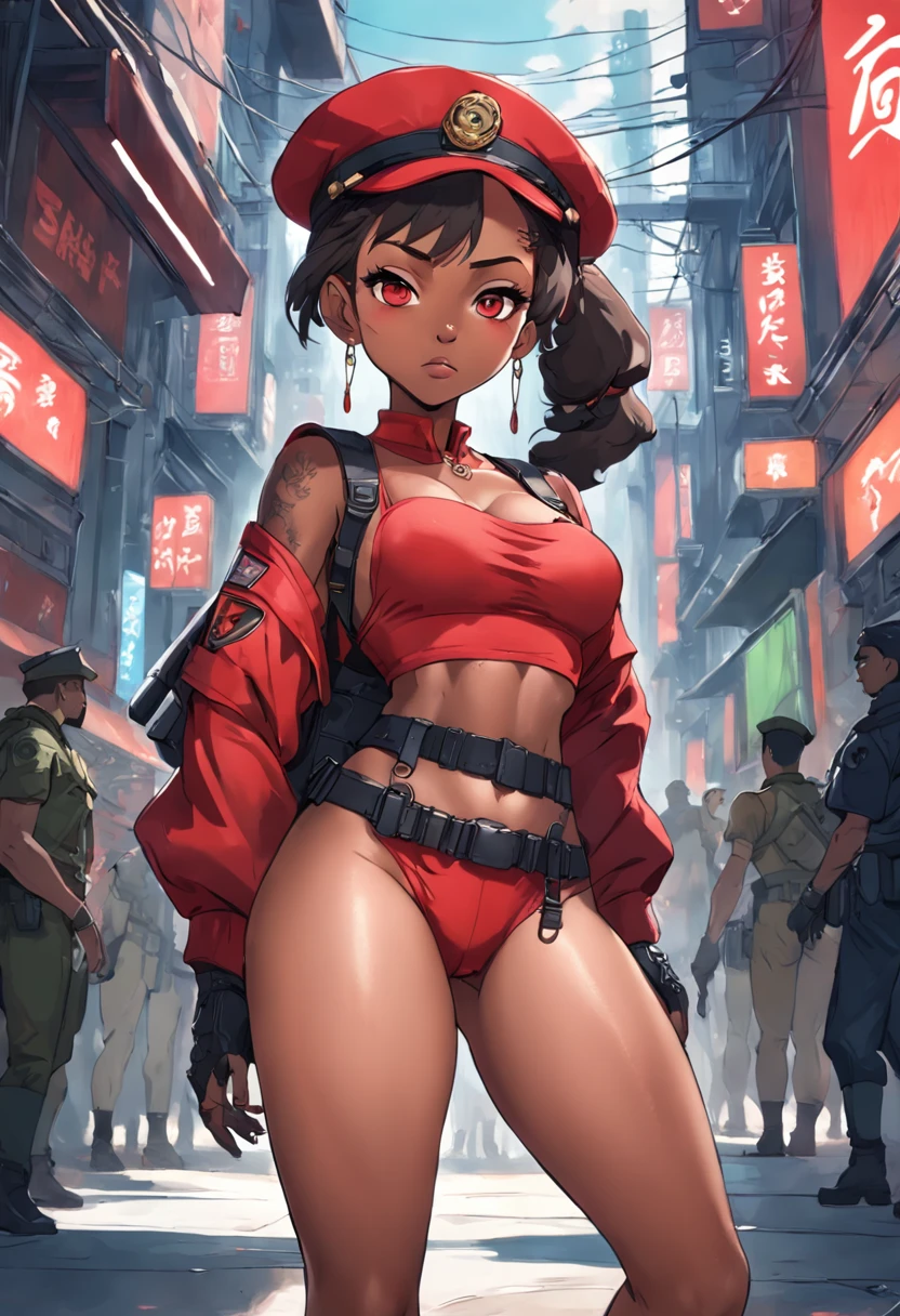 Cartoon-style digital art, pixar and disney features, beautiful black woman, face like model esyonce, bonbon brown skin, slanted asian eyes, curly hair tied back, ponytail hairstyle, wearing red police beret, beret red military, wearing large hoop earrings, necklace with military identification hanging around the neck, full breasts, short red shirt, (showing belly and navel), small waist, tactical belt with several compartments, short shorts with camouflage print, thick thighs and calves , pistol holster attached to thigh, big butt, wearing leather gloves, long-legged tactical boots with high heels, wielding technological weapon of war, clothing with cutouts in cyberpunk style, cyberpunk conceptart-style setting, technological environment, sci-fi .