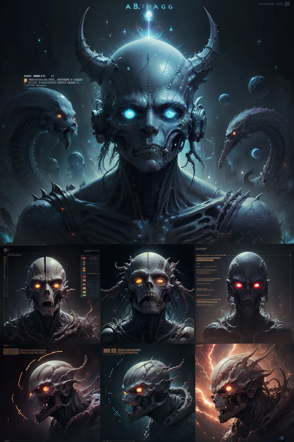 Fantasy Technical Diagram, Info graphic, Chart of A Cosmic Anatomical Abomination Alien Monster head, Info Graphic, Scientific, Data Diagram, Nervous System, Galaxy, Radioactive Colors, Midnight Aura, Ultra Detailed, ((H.R. Giger)), Max Ernst, Thomas Kinkade, Robert Gonsalves, Dark Galaxy Background.