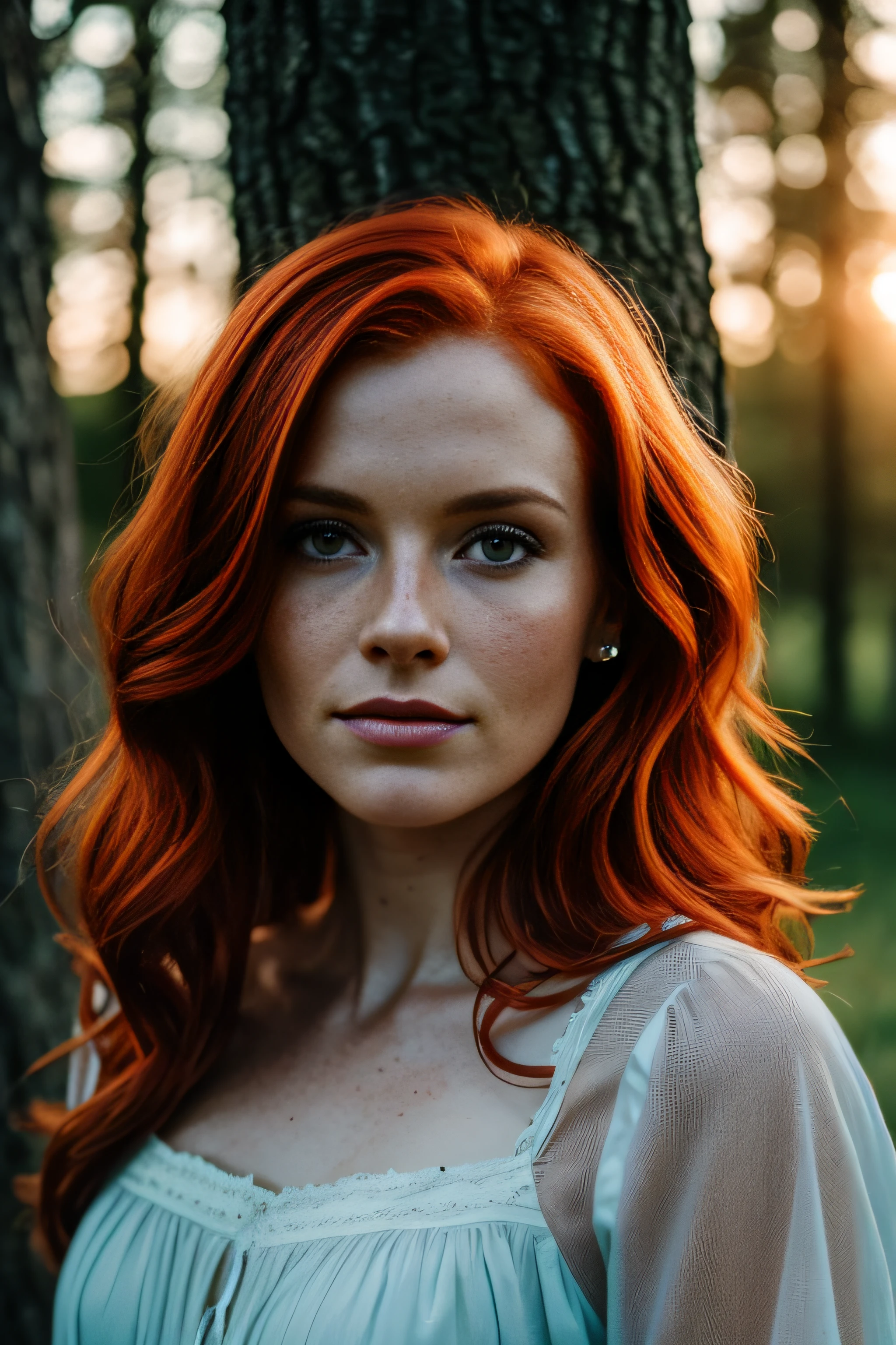 A portrait of a 30-year-old redhead, facing the camera straight on, a few freckles, in a nightie leaning against a tree in the middle of nature, goosebumps, cinematic, faded colors, dark shot, muted colors, grainy film, lut, crazy details, intricate details, hyperdetailed, close-up, sunset, seductive pose, romantic look