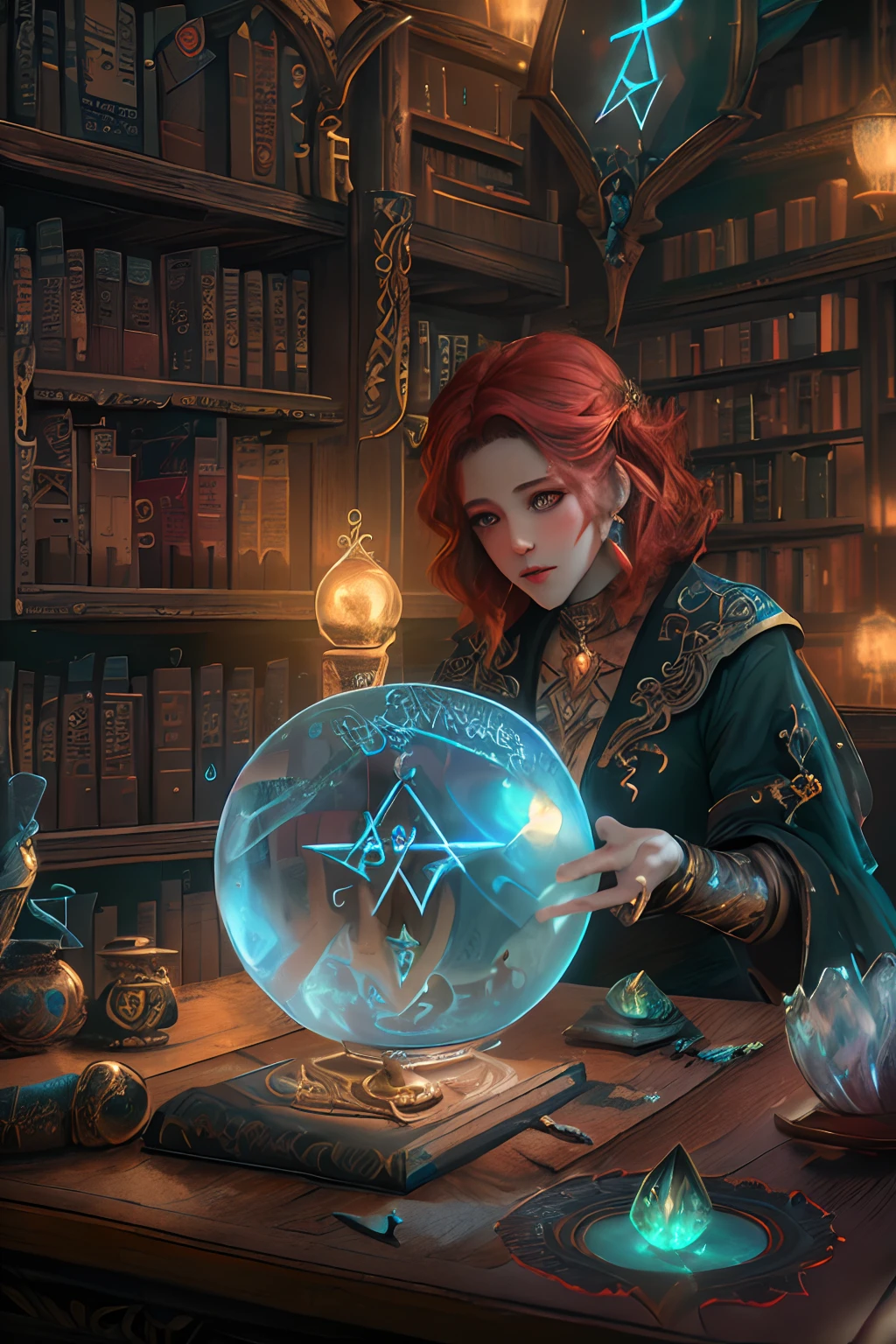 arafed, high details, best quality, 16k, [best detailed], masterpiece, best quality, (extremely detailed), a view from the rear (best details, Masterpiece, best quality), photorealistic, fantasy art, RPG art, a picture of a human sorceress sittings in her magical lab, divining distant places in her crystal ball, epic beautiful human woman (best details, Masterpiece, best quality), ultra detailed face (best details, Masterpiece, best quality), red hair, short hair, red eyes, dynamic fantasy clothing (best details, Masterpiece, best quality), magical library, with many books, and magical runes and wards, glowing arcane sigils GlowingRunes_paleblue, crystal ball (best details, Masterpiece, best quality) on table, runes on crystal balls GlowingRunes_yellow, fantasy magical library background (best details, Masterpiece, best quality), Ultra-Wide Angle, high detail, award winning, best quality, HD, 16K, 3D rendering, high details, best quality, highres, ultra wide angle, 3D rendering, [[anatomically correct]]