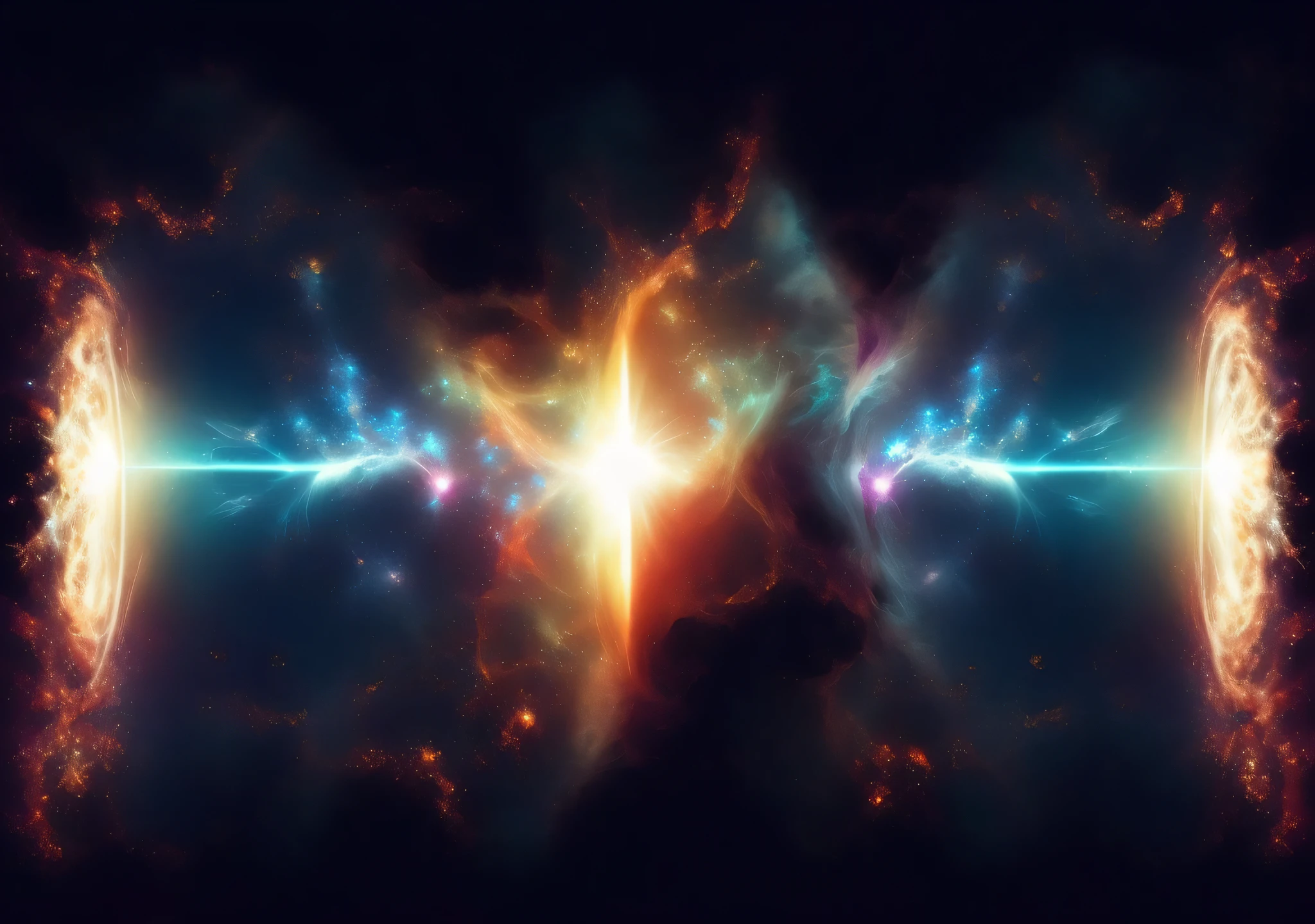 um fundo escuro com duas estrelas brilhantes e uma luz brilhante, chaotic cinematic spatial rift, Nebula explosion, cosmic atmosphere light flares, magnificent background, gradiente fractal espacial, formas abstratas espirituais, paper awesome wallpaper, fundo do fogo fractal, Cores da nebulosa radiante, Space quantum death. deep-space, galaxy exploding, cosmic energy wires, humanity like cosmic structure, chama fractal