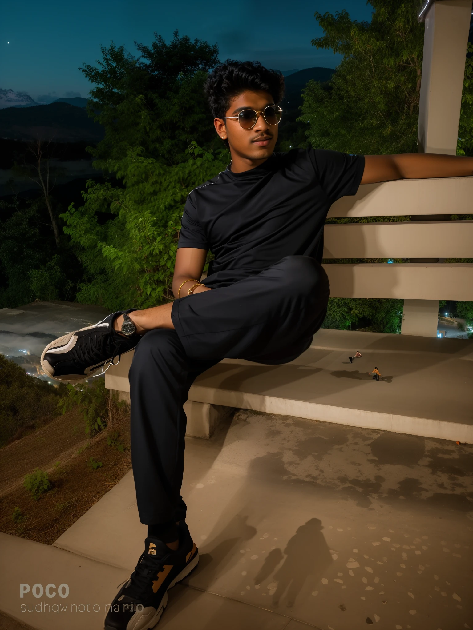 there is a young man standing on a sidewalk at night, at nighttime, at night time, at night with lights, with glowing lights at night, scenic view at night, at the terrace, full body photogenic shot, hills in the background, jayison devadas style, during night, with mountains in the background, night photo, jayison devadas