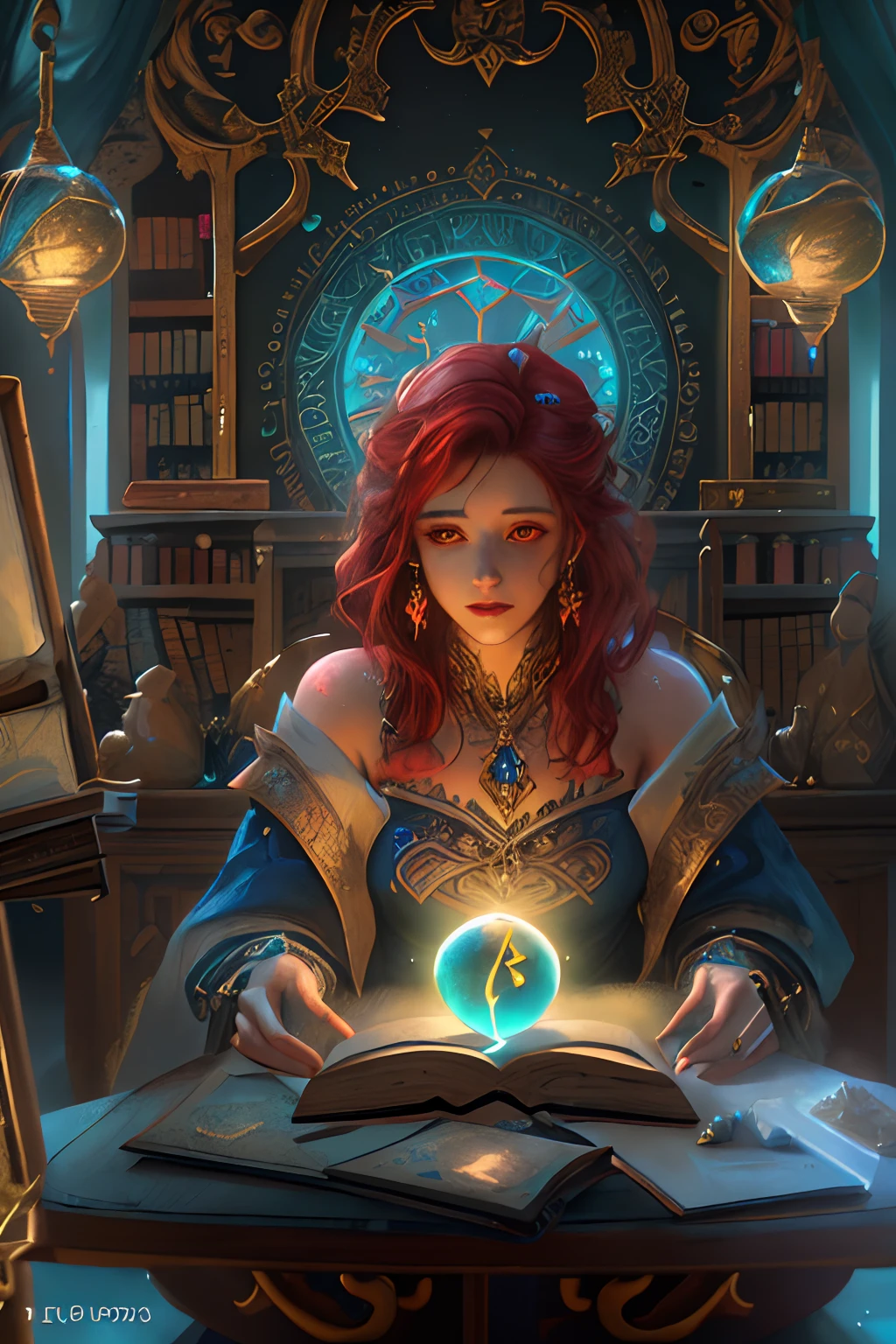 arafed, high details, best quality, 16k, [best detailed], masterpiece, best quality, (extremely detailed), a view from the rear (best details, Masterpiece, best quality), photorealistic, fantasy art, RPG art, a picture of a human sorceress sittings in her magical lab, divining distant places in her crystal ball, epic beautiful human woman (best details, Masterpiece, best quality), ultra detailed face (best details, Masterpiece, best quality), red hair, short hair, red eyes, dynamic fantasy clothing (best details, Masterpiece, best quality), magical library, with many books, and magical runes and wards, glowing arcane sigils GlowingRunes_paleblue, crystal ball (best details, Masterpiece, best quality) on table, runes on crystal balls GlowingRunes_yellow, fantasy magical library background (best details, Masterpiece, best quality), Ultra-Wide Angle, high detail, award winning, best quality, HD, 16K, 3D rendering, high details, best quality, highres, ultra wide angle, 3D rendering, [[anatomically correct]]