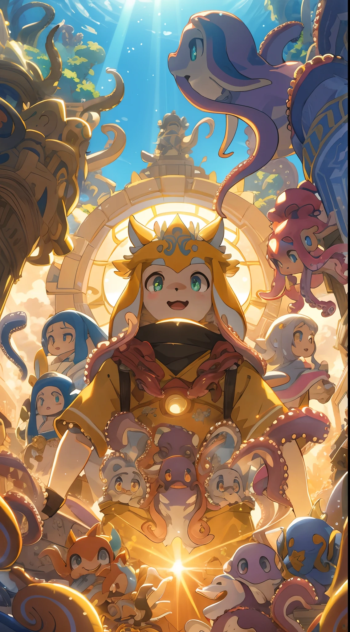 top quality, best quality, High-quality illustrations, masterpiece, super high resolution, detailed background, seeside((movie of octopus creatures and human child)), 6+boys, 6+girls, absurdres(highly detailed beautiful face and eyes)perfect anatomy, expression, caustics, light rays, dynamic lighting, light particles, lens flare, cinematic shadow(kemono, furry anthro)assorted poses, dynamic angle,