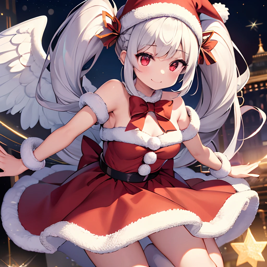 (best quality, masterpiece:1.3), illustrations, anime, very high resolution, large filesize, full color, beautiful detailed glow, front light, 1girl, solo, Christmas, santa costume, (Santa hat), ((magical girl)), Christmas decorations, smiling, white hair, red eyes, (twintail), (angel wings), dynamic angle, magic, battling,
