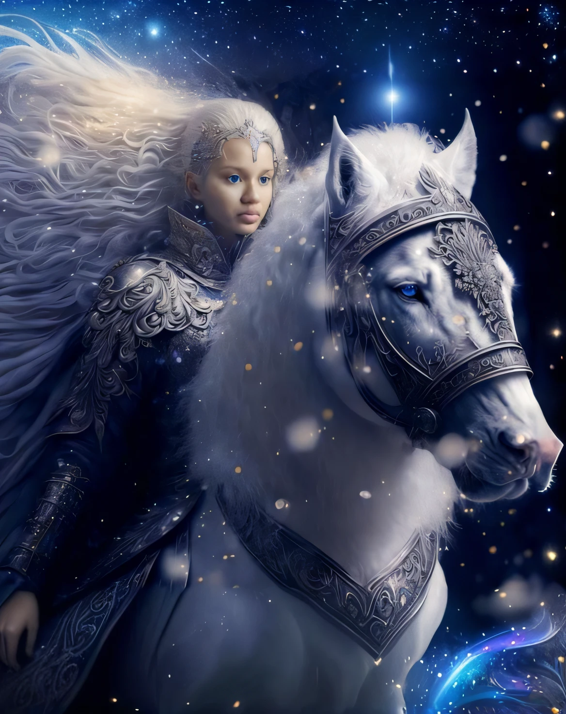 imagem de uma mulher montando um cavalo na noite, woman riding a flying unicorn, arte de fantasia muito bonita, as a mystical valkyrie, bela arte de fantasia, amazing fantasy art, arte de fantasia de alta qualidade, breathtaking fantasy art, deusa do inverno, de uma bela cavaleiro feminina, white unicorn, Rainha do Inverno, mulher da fantasia, angel knight gothic girl