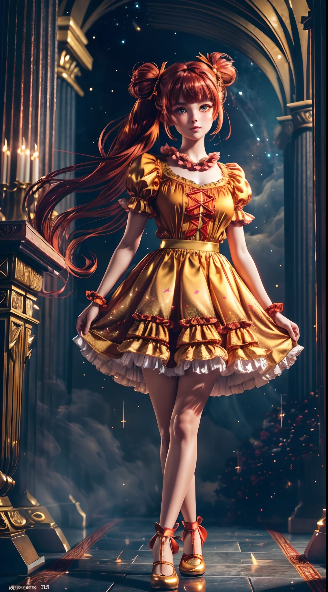 (fullbody, legs and shoes visible: 1.2)) expressive eyes, woman, pale skin, long hair, windblown hair, ((long hair)), long sidelocks, hime bangs, hair fringe, hair bun, ((long twintails)), lush hair, red hair, blushing, full face blushing, big sparkling glowing yellow eyes, (gradient eyes), open mouth smile, cute pose,
flowy flaming dress, ((gold multicolored open dress)), (mist), orange ruffles, yellow frills, (light red lace), detached short sleeves, puffy skirt, ((fire and stars print skirt : 1.3)), lolita skirt, dark red bows, ((pompon ribbons hair ornament : 1.4)), multiple bows, striped lace stockings, (heart shaped leg garter), cute (dark orange) shoes ((hyperdetailed clothing and fashion)) looking at you, vintage girl, blushing, (beautiful detailed eyes), (extremely detailed CG unity 8k wallpaper) (best shadow), ((an extremely delicate and beautiful)), (detailed light), ((depth of field)) big head, big sparkling eyes, moe, splash art, cinematic lighting, frontal view, volumetric lighting maximalist photo illustration 64k resolution high res intricately detailed complex key visual precise linear 
((in the dark palace background, surrounded by expensive decor, shooting stars)) ((hyperdetailed scenery, foggy, darkness : 1.3))