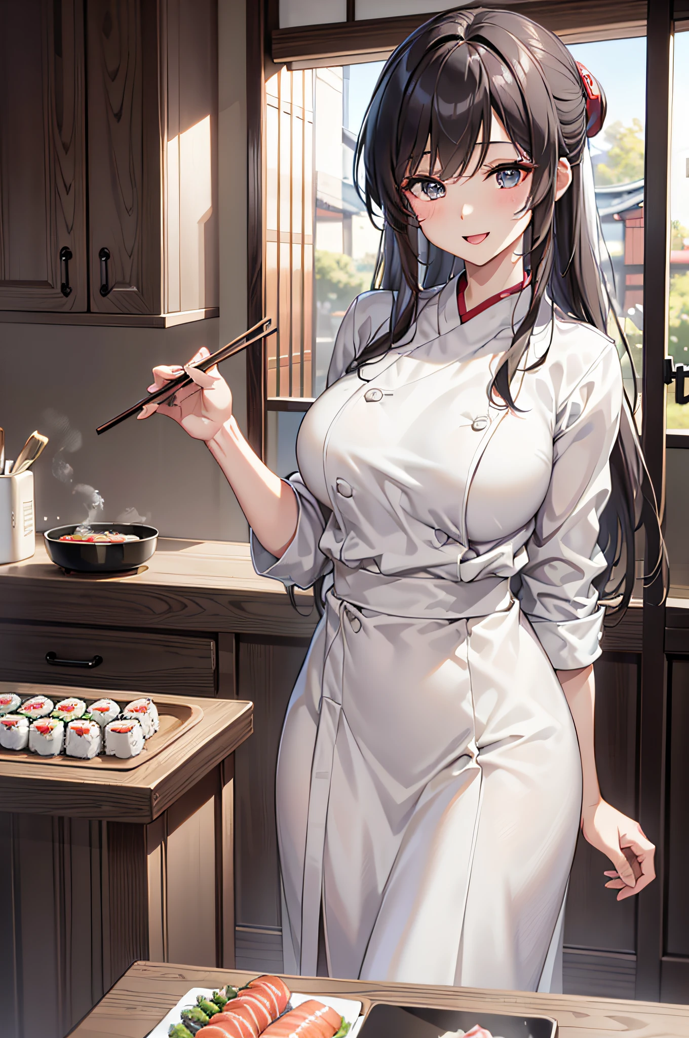 (Best quality, 8k, 32k, Masterpiece, UHD:1.2), (realistic:1.5), (masterpiece, Extremely detailed CG unity 8k wallpaper, best quality, highres:1.2), (ultra detailed, UHD:1.2), (cowboy shot:1.3), (anime style illustration:1.3), (seductive anime waifu:1.3), (ultra-detailed:1.3), (hyper-sharp:1.3), (insanely detailed:1.3),
BREAK,
(1girl:1.3, solo), (Sushi-Chef:1.3), single Chignon hair style, mahogany hair, attractive look, (Korean actress face:1.3), (Japanese idol face:1.3), pretty face, cute,
BREAK,
(white Japanese Chef clothes:1.3), (Chef clothes:1.3),
BREAK
(cooking in the kitchen:1.3), (cooking the sushi:1.3), (at Japanese Sushi restaurant:1.3), (in the kitchen counter:1.3), indoor, cinematic light, cute, happy, seductive smile, :d, ;p, attractive emotion,
BREAK, best ratio four finger and one thumb, perfect anatomy, perfect proportion,