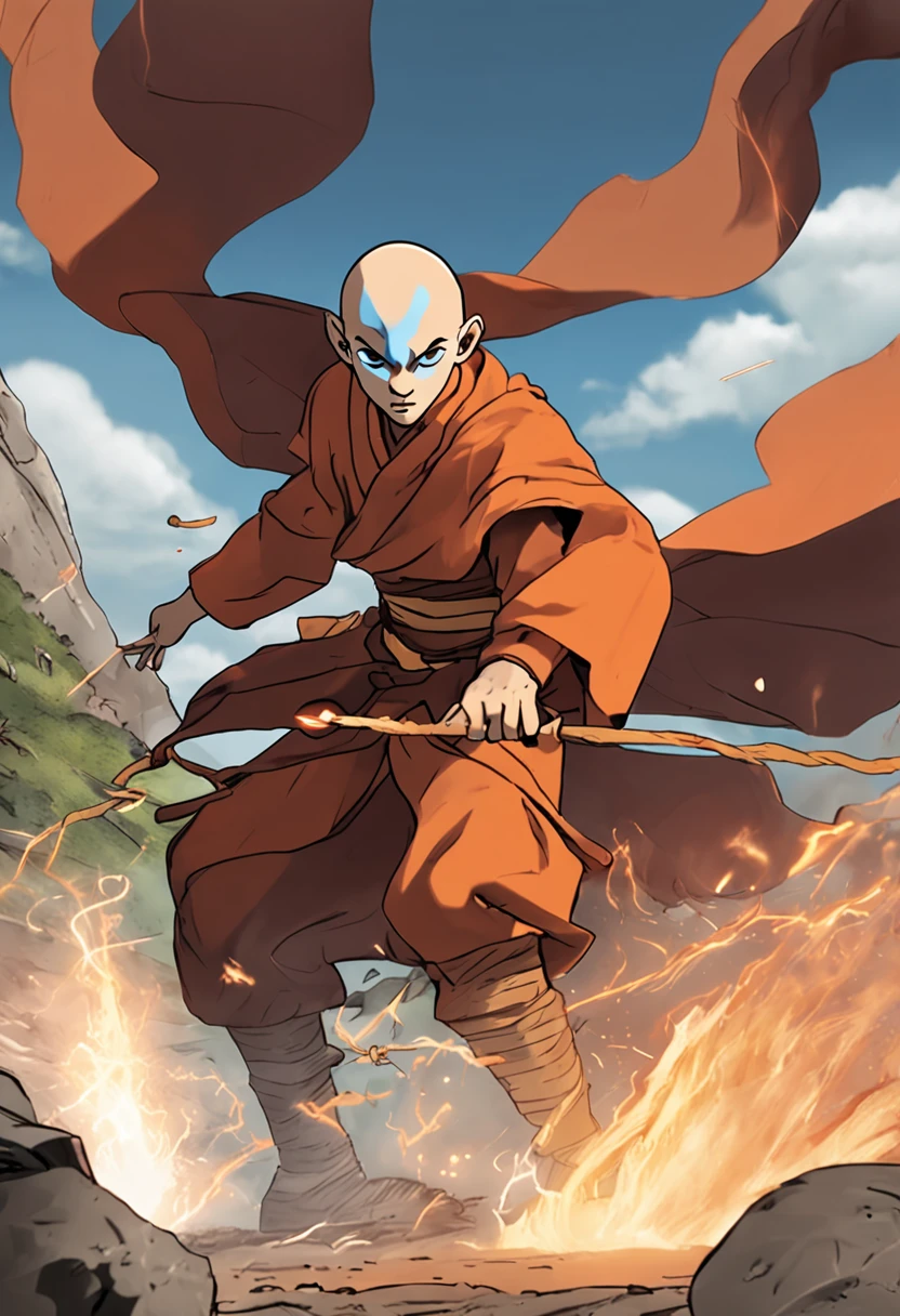 criar dobrador de fogo inspirado na lenda de aang , 4k , ultra realista , muitos detalhes , com cara de mal , cenario destruidor