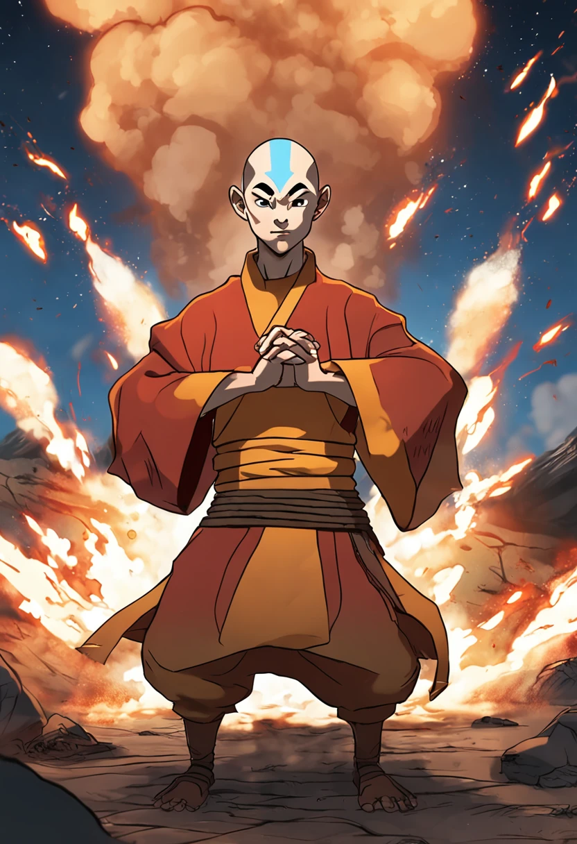 criar dobrador de fogo inspirado na lenda de aang , 4k , ultra realista , muitos detalhes , com cara de mal , cenario destruidor