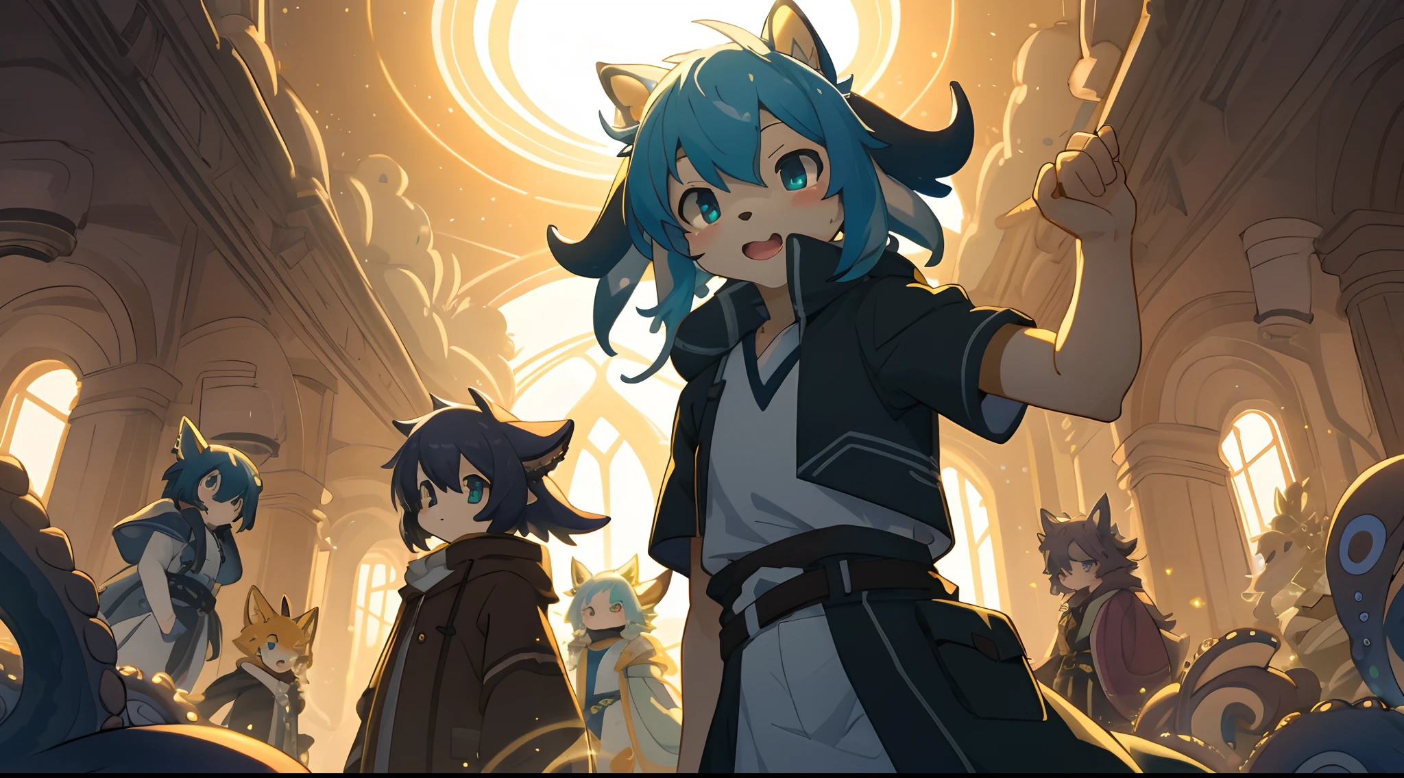 top quality, best quality, High-quality illustrations, masterpiece, super high resolution, detailed background, seeside((movie of octopus creatures and human child)), 6+boys, 6+girls, absurdres(highly detailed beautiful face and eyes)perfect anatomy, expression, caustics, light rays, dynamic lighting, light particles, lens flare, cinematic shadow(kemono, furry anthro)assorted poses, dynamic angle,