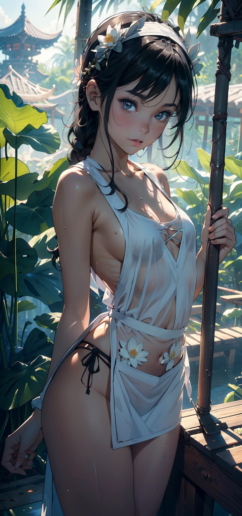 1female, 5,bit girl,Small lolsmallunderboob ,Pornographic exposure, 独奏,(Background with:bamboo forrest,lotuses,lotus flower,exteriors,) She has short black hair,Sweat profusely,drenched all over the body,seen from the front, hair straight, mostly cloudy sky,(((tmasterpiece),(Very detailed CG unity 8K wallpaper),best qualtiy,cinmatic lighting,detailed back ground,beatiful detailed eyes,Bright pupils,Black eyes,(Very fine and beautiful),(Beautiful and detailed eye description),ultra - detailed,tmasterpiece,)),facing at camera,A high resolution,ultra - detailed),Show the abdomen,revealing breasts,Bare genitalia, Bulge,legs are open,Raised sexy,Camel toes,Flushed complexion,Open-mouthed,frontage,White floral headband,elemeing:Sexy apron,fullnude,with no underpants,)
