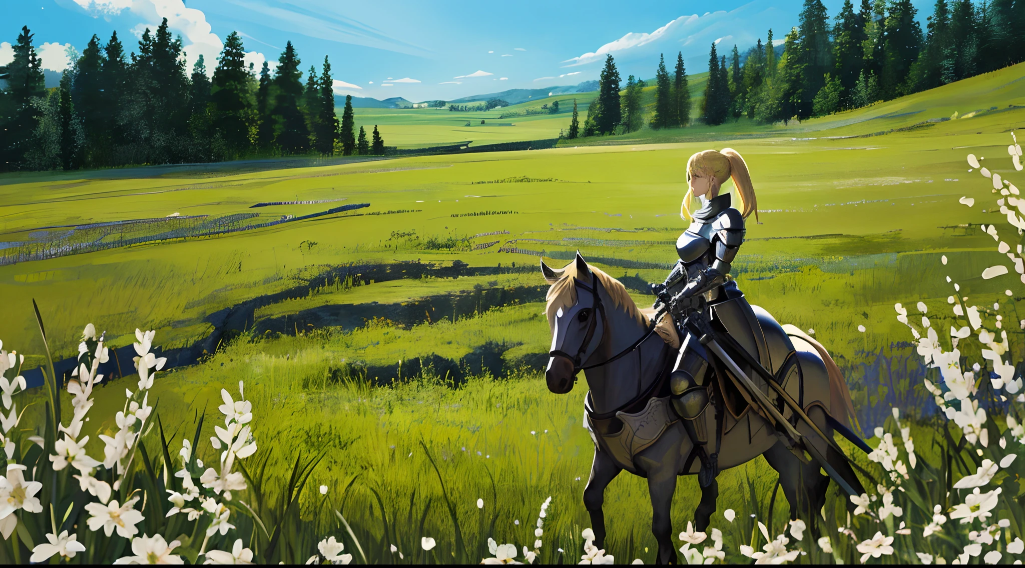 A beautiful and mighty blonde female knight is holding her sword and preparing herself for a great battle with her enemies It was surrounding her in a flat land of grass and trees in the background, sunny day, sunlight, wide-angle camera, panoramic view, high definition, ultra resolution, intricate details, volumetric light, dynamic composition, masterpiece