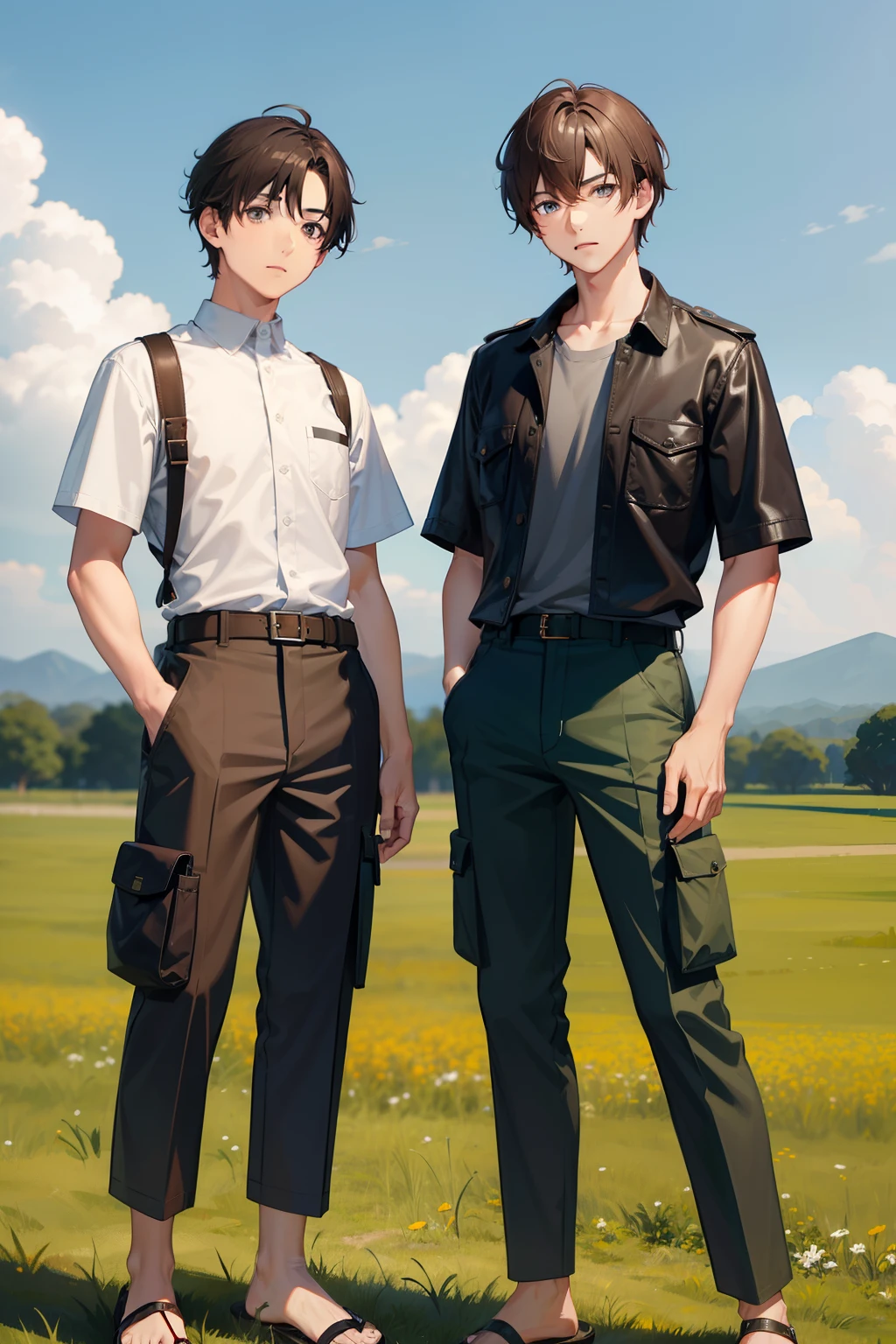twinks　In the field　alone　male people　Check Button Shirt　Brown cargo pants　sandal　jpn　A dark-haired