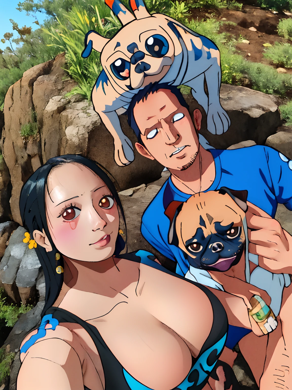 there are two people posing for a picture with a dog, holding a pug for a picture, with dogs, tyler edlin and natasha tan, with magical creatures, ruan jia and brom, vacation photo, 4k post, 4 k post, pets, 😭🤮 💔, taken on go pro hero8, 8k selfie photograph, 2 8 years
