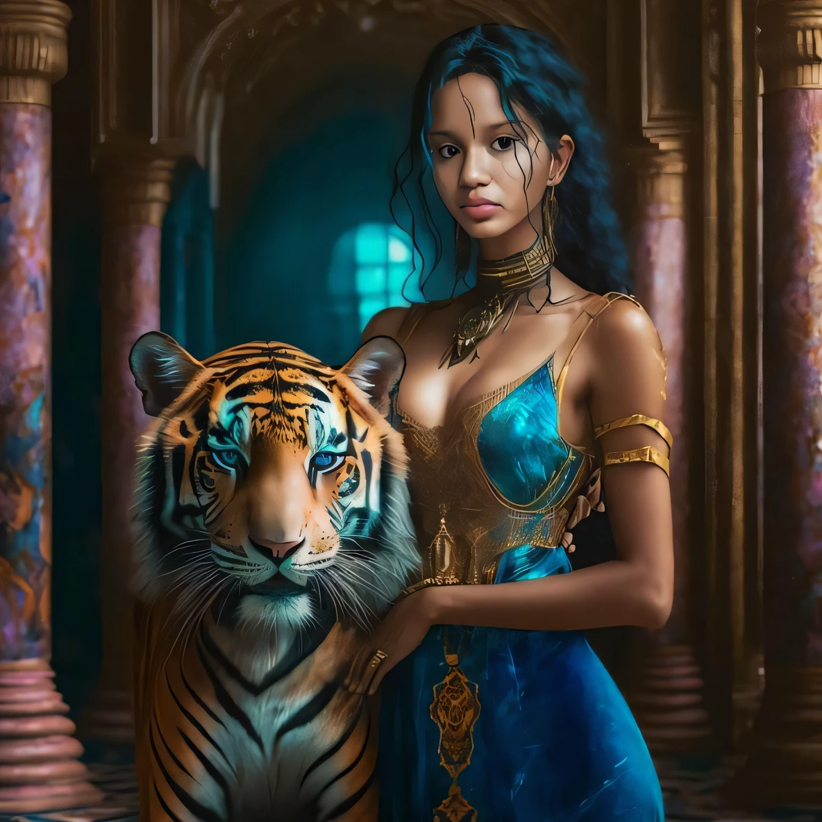 um close up de uma mulher em um vestido azul segurando um tigre, estilo de arte de fantasia, bela arte digital, pintura de fantasia realista, retrato bonito da arte da fantasia, bela arte de fantasia, amazing fantasy art, arte de fantasia digital em alta, arte de fantasia realista, retrato bonito da fantasia, mulher linda, retrato da arte da fantasia, arte de fantasia muito bonita, pintura digital impressionante, arte digital de fantasia detalhada