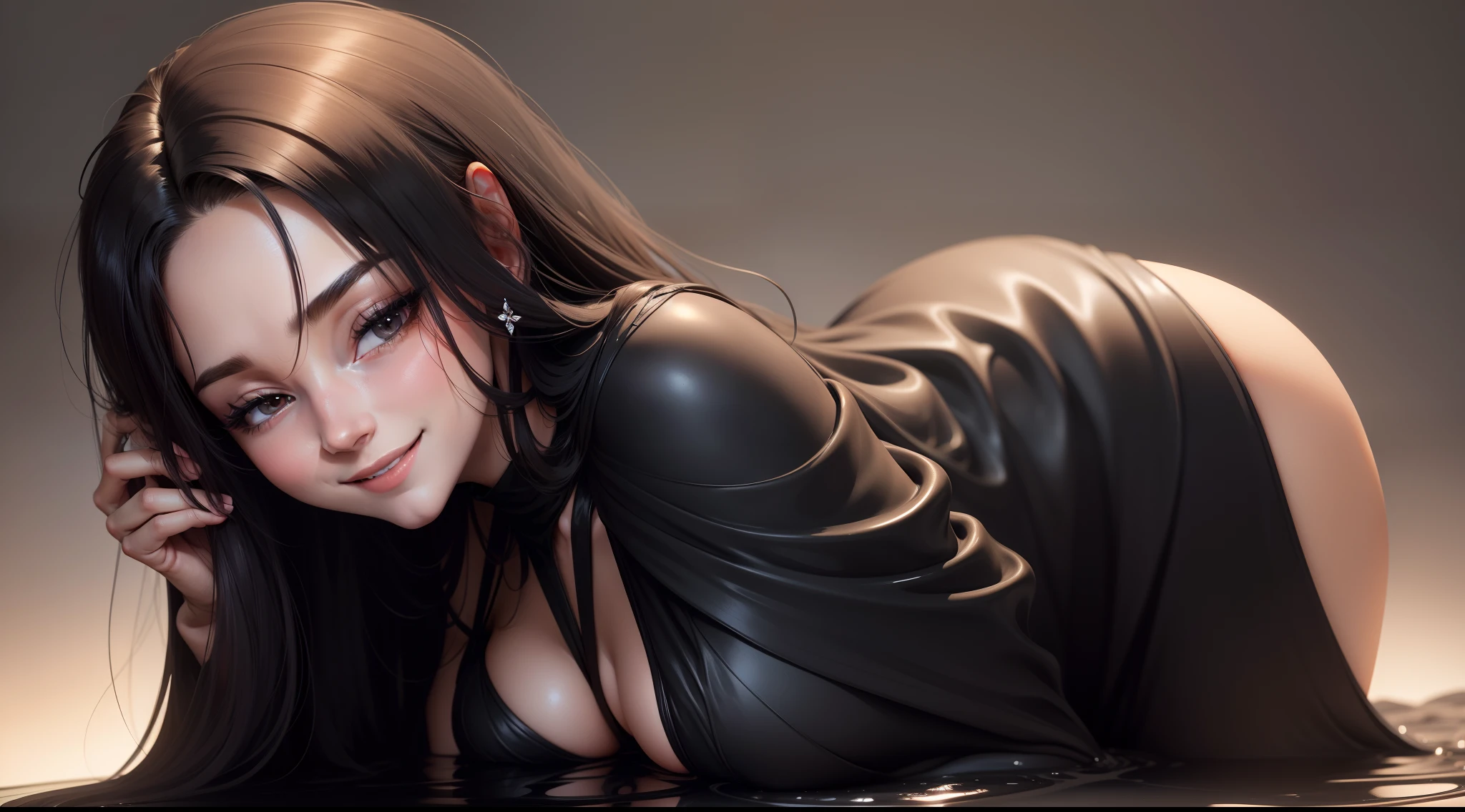 Beautiful tall half-in a black liquid that hugs her whole body, she smiles and winks