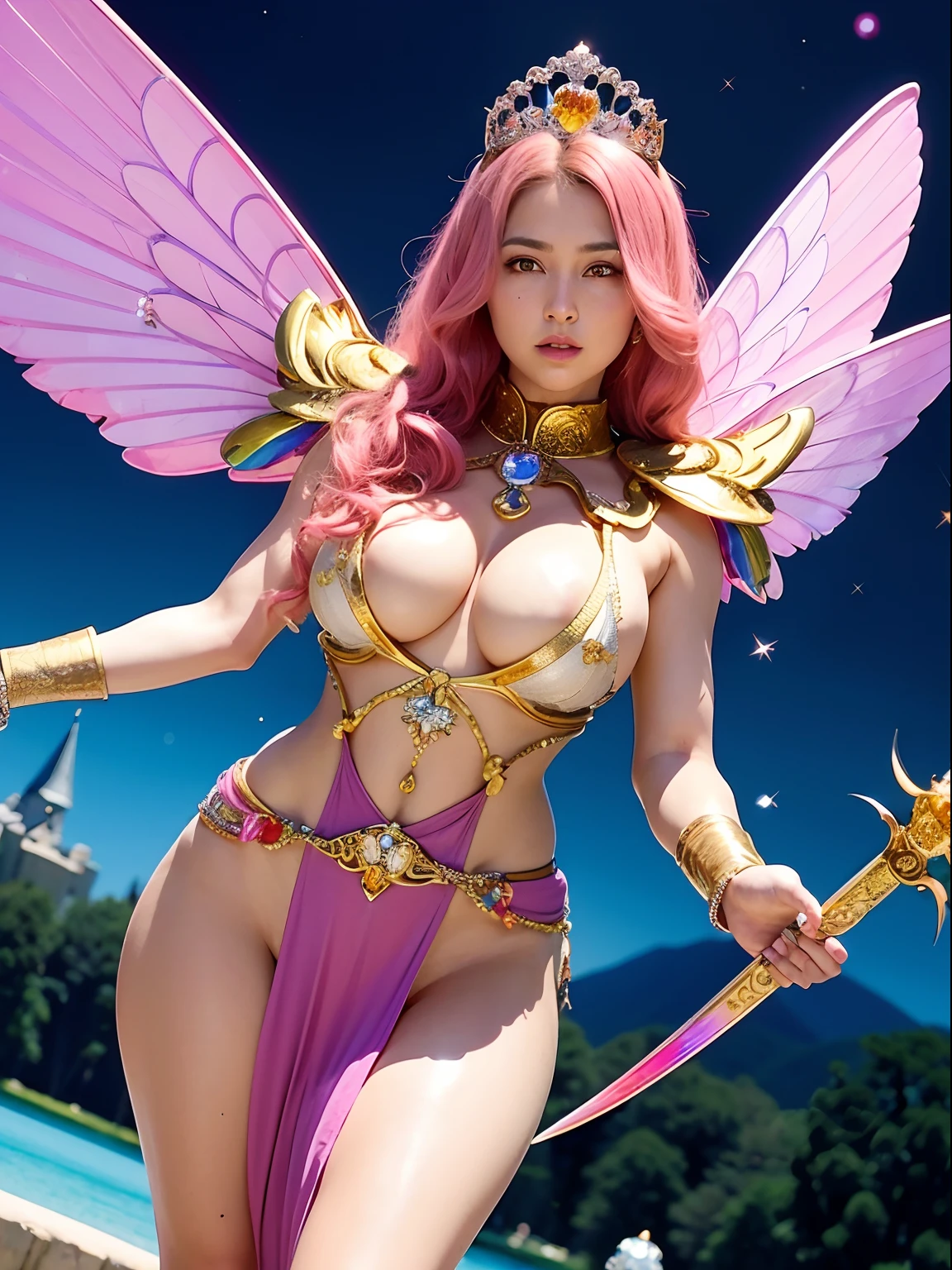(masutepiece), Professional , masterpiece、top-quality、photos realistic , depth of fields (Gemstone White Metal Body:1.9),(Matte White Pink、Jewel Gold Weapon、(Gorgeous castle background)、(ultimate beauty girl)、(Rainbow fairy wings grow)、Particles of light、(Metal body of iridescent gemstones:1.9),Gorgeous Jewel Metal Weapons ,(maikurobikini)、 Detailed Sword of the Brave ,( Pink hair) ,warhammer 40k , adepta sororitas,Detail and ornate jewel crown、独奏、Brown hair、Mystical expression、cleavage of the breast、(Gangle's forest background)、Beautiful Caucasian beauty、1a person、dynamic ungle,(((Diamond tiara with detail and luxury)))、a small face、Powerful poses、(Gorgeous castle background)、huge filesize、20 year old beautiful woman、Stand in the center of the screen、Thin female fingers、Straight long hair、Beautiful Caucasian beauty、(maikurobikini)、Hair fluttering in the wind、face forwards、Look at viewers、(Armpit)、Armpit、
