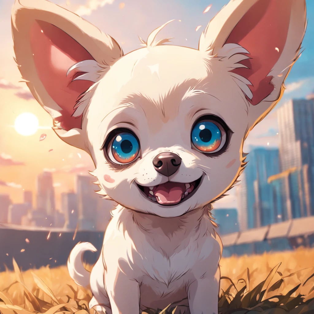 A 4K digital sticker with the adorable face of a cartoon cream chihuahua and big eyes.