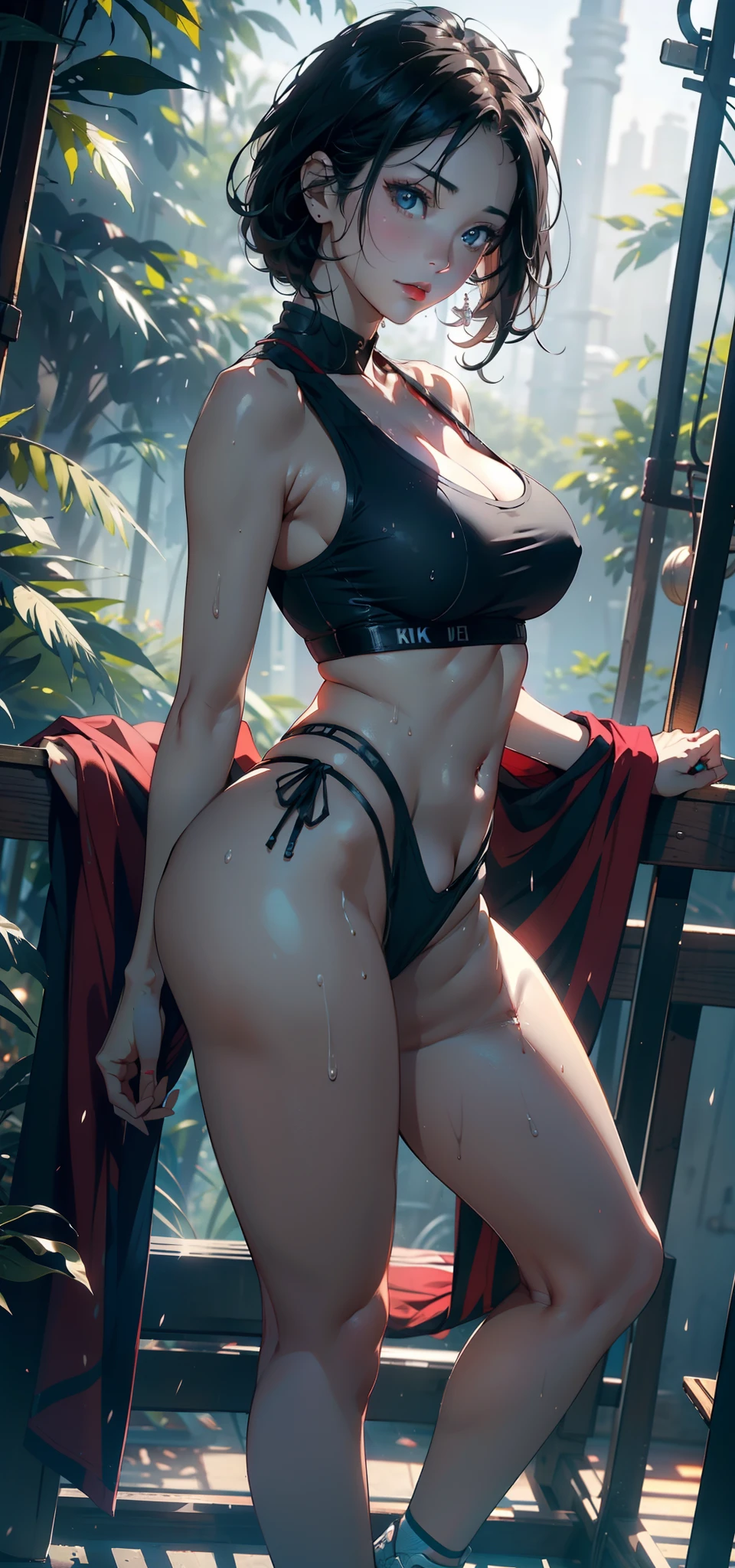1female,36 years old,Big breasts Thin waist,long leges,Raised sexy,Pornographic exposure, 独奏,(Background with:bamboo forrest,basketball playground) She has very short black hair,standing on your feet,Sweat profusely,drenched all over the body,seen from the front, hair straight, mostly cloudy sky,(((tmasterpiece),(Very detailed CG unity 8K wallpaper),best qualtiy,cinmatic lighting,detailed back ground,beatiful detailed eyes,Bright pupils,(Very fine and beautiful),(Beautiful and detailed eye description),Black eyes,Redlip,ultra - detailed,tmasterpiece,)),facing at camera,(The upper part of the body),A high resolution,ultra - detailed),revealing breasts,Bare genitalia, Bulge,legs are open,sexyposture,Camel toes,Flushed complexion,Open-mouthed,frontage,Bare shoulders,elementary student,(Wearing:Sportswear set,Basketball shoes),Full body photo,Show shoes