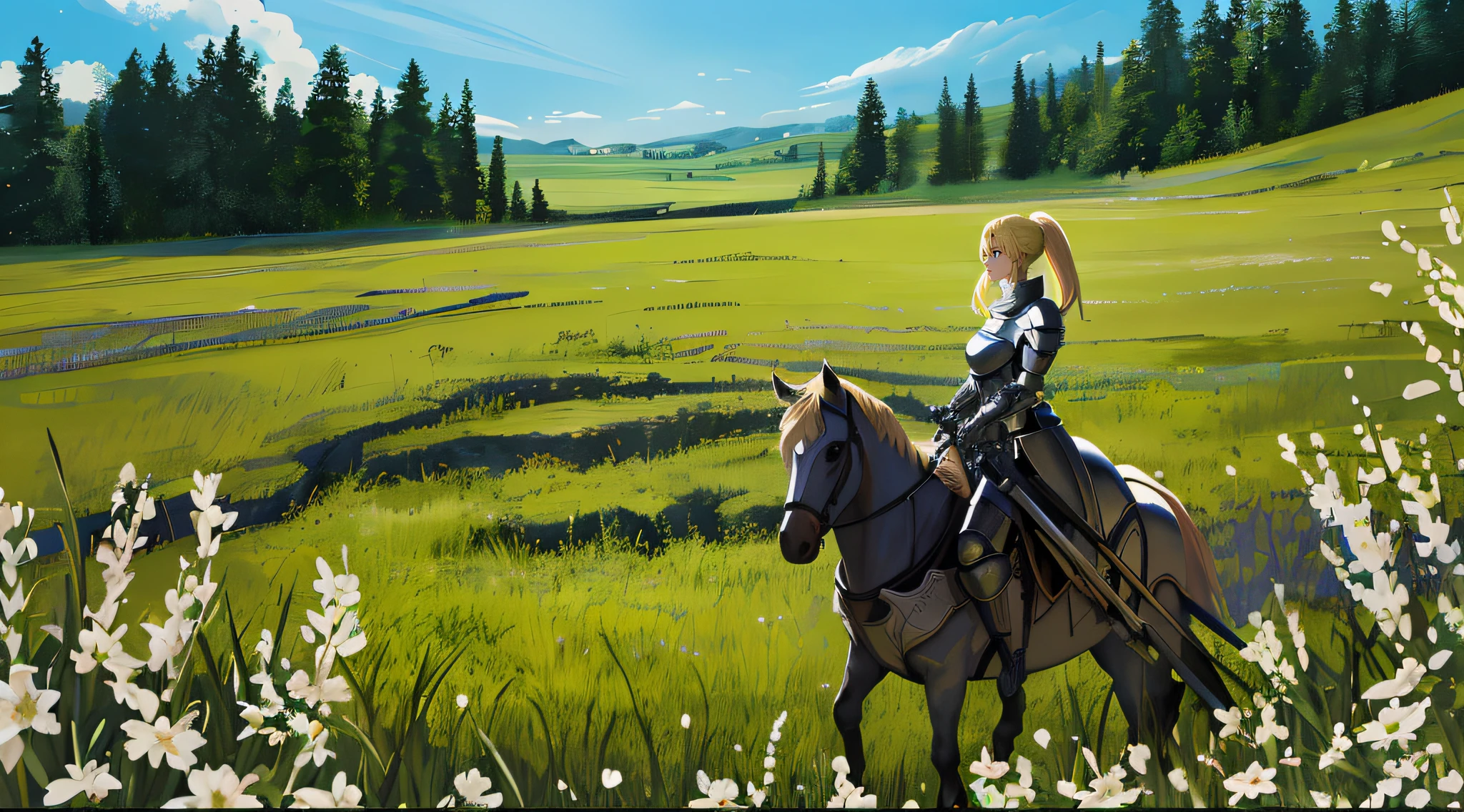 A beautiful and mighty blonde female knight is holding her sword and preparing herself for a great battle with her enemies It was surrounding her in a flat land of grass and trees in the background, sunny day, sunlight, wide-angle camera, panoramic view, high definition, ultra resolution, intricate details, volumetric light, dynamic composition, masterpiece