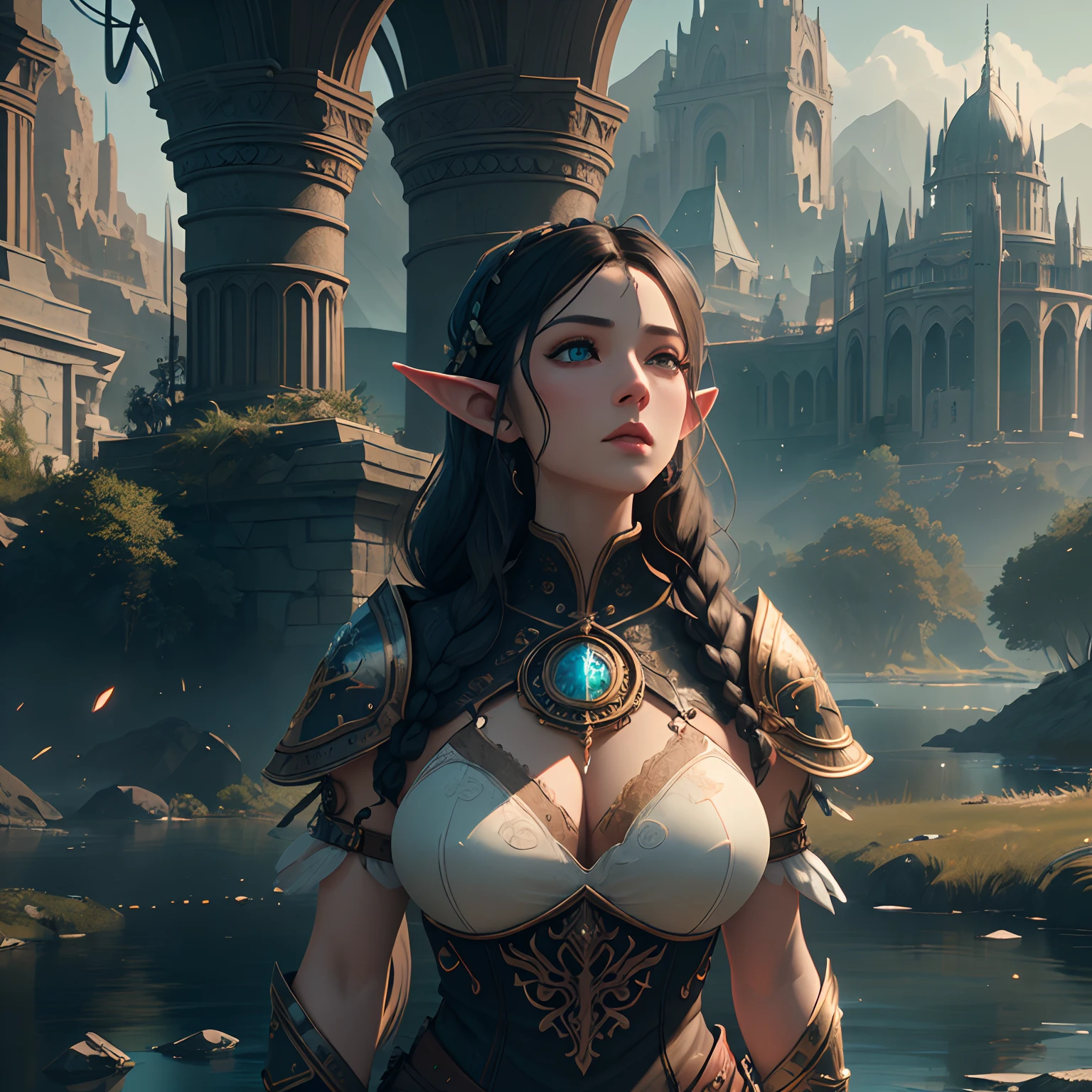 arafed, high details, best quality, 8k, [ultra detailed], masterpiece, best quality, (extremely detailed), dynamic angle, ultra wide shot, RAW, photorealistic, fantasy art, d&d art, a wide angle picture of a half elf cleric in  a temple near the lake, female, half elf (Masterpiece 1.5, intense details), black haired, green eyes, braided hair, long hair (Masterpiece, intense details), [small pointed ears], cleric, templar (1.3 Masterpiece, intense details dnd art), ultra detailed face, casting a spell (1.4 Masterpiece, intense details dnd art), wearing white plate mail armor with sigils ( 1.5 Masterpiece, intense details) GlowingRunes_paleblue, carrying flaming sword (Masterpiece 1.5, intense details), wearing white cloak with sigils (Masterpiece 1.4, intense details), holy symbol, standing near a lake (Masterpiece 1.5, intense details), dawn light, backlight, dynamic angle, reflection (1.5 Masterpiece, intense details) glowing light, high details , ray tracing, reflection light, silhouette, wide shot, panorama, Ultra-Wide Angle, high detail, award winning, best quality, HD, 8K, 3D rendering, high details, best quality, highres, ultra wide angle, 3D rendering, [[anatomically correct]]