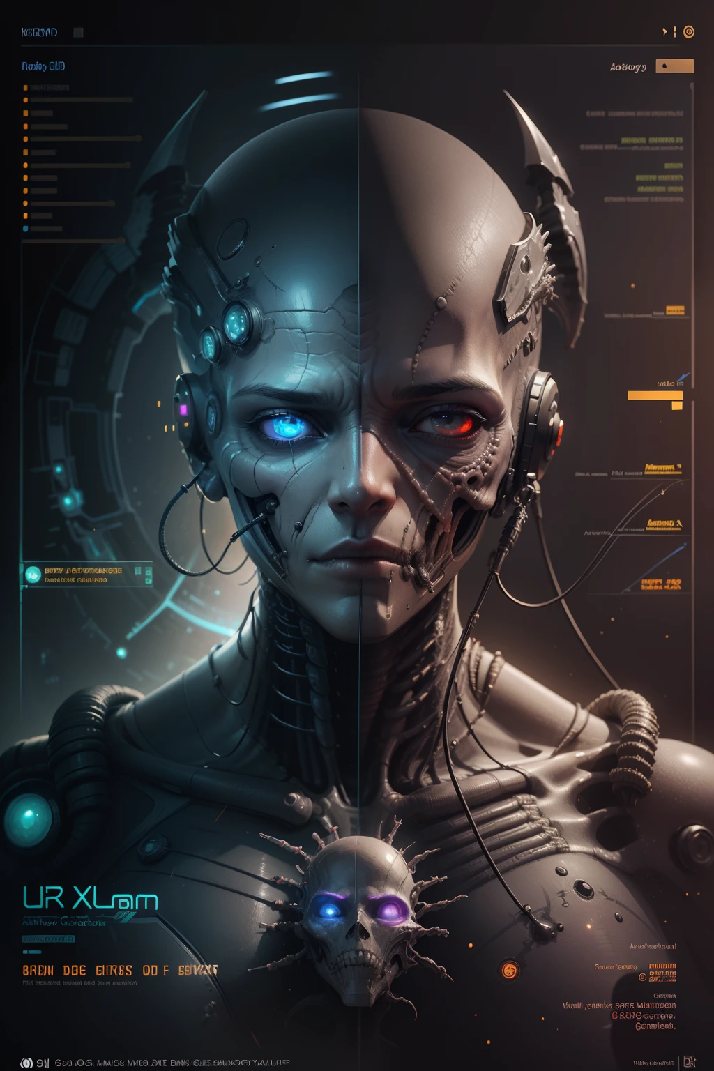 Fantasy Technical Diagram, Info graphic, Chart of A Cosmic Anatomical Abomination Alien Cyberpunk Android head, Info Graphic, Scientific, Data Diagram, Nervous System, Galaxy, Radioactive Colors, Midnight Aura, Ultra Detailed, ((H.R. Giger)), Max Ernst, Thomas Kinkade, Robert Gonsalves, Dark Galaxy Background.