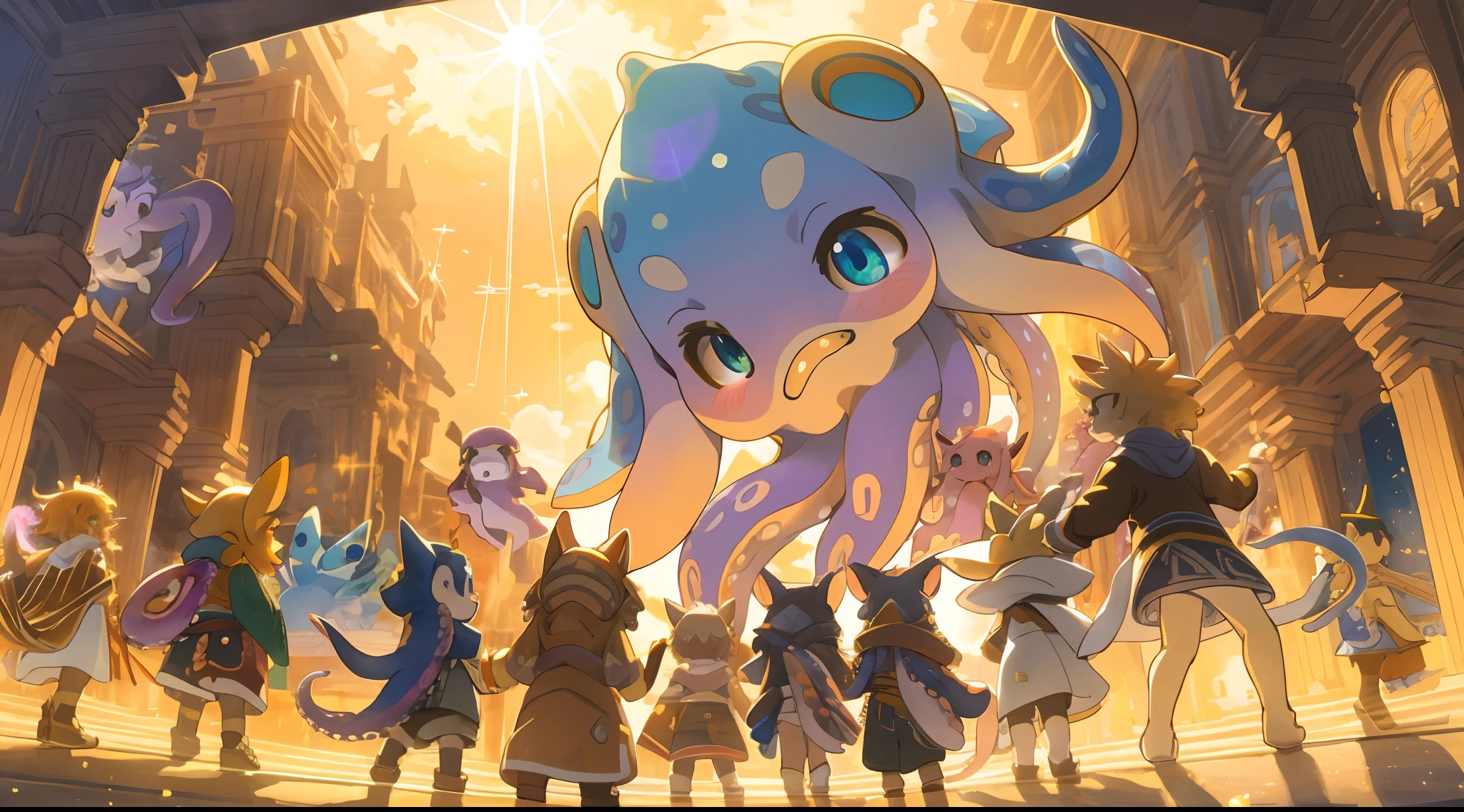top quality, best quality, High-quality illustrations, masterpiece, super high resolution, detailed background, seeside((movie of octopus creatures and human child)), 6+boys, 6+girls, absurdres(highly detailed beautiful face and eyes)perfect anatomy, expression, caustics, light rays, dynamic lighting, light particles, lens flare, cinematic shadow(kemono, furry anthro)assorted poses, dynamic angle,