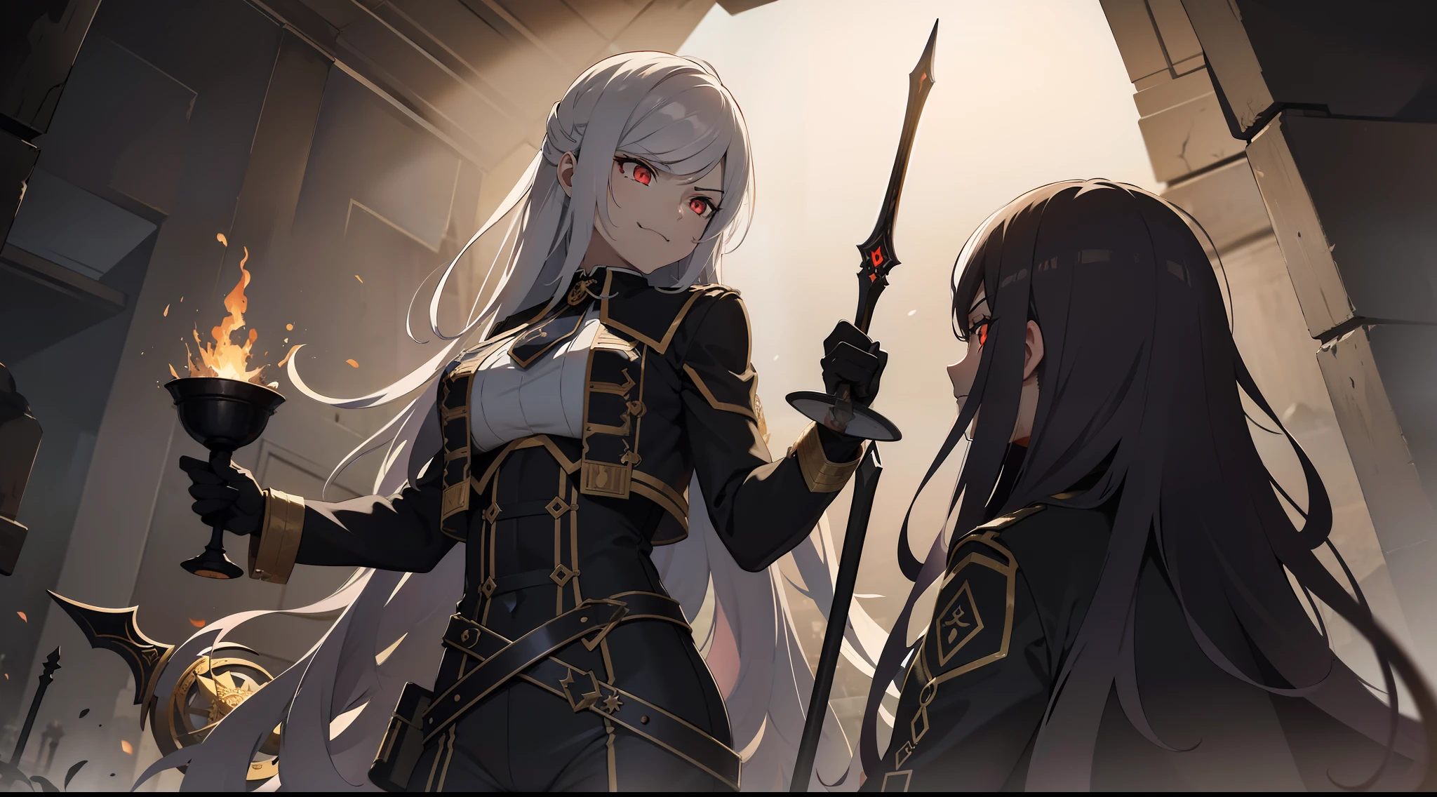 highres, masterpiece, perfect lighting, bloom, cinematic lighting, adult, female, looking at viewer, DRK_Glam, dark armor, wearing DRK_Glam Scythe, holding, weapon, holding weapon, smug, smirk, angry, ancient temple, dark magic, ominous, rituals, arcane symbols, shadowy, eerie, mystical, foreboding, ancient artifacts, sacrificial, cryptic inscriptions, forbidden knowledge, occult practices, mysterious energy, esoteric, sinister, hidden power, eerie atmosphere, cursed, enchanted, otherworldly, malevolent, haunting, supernatural, ancient rituals