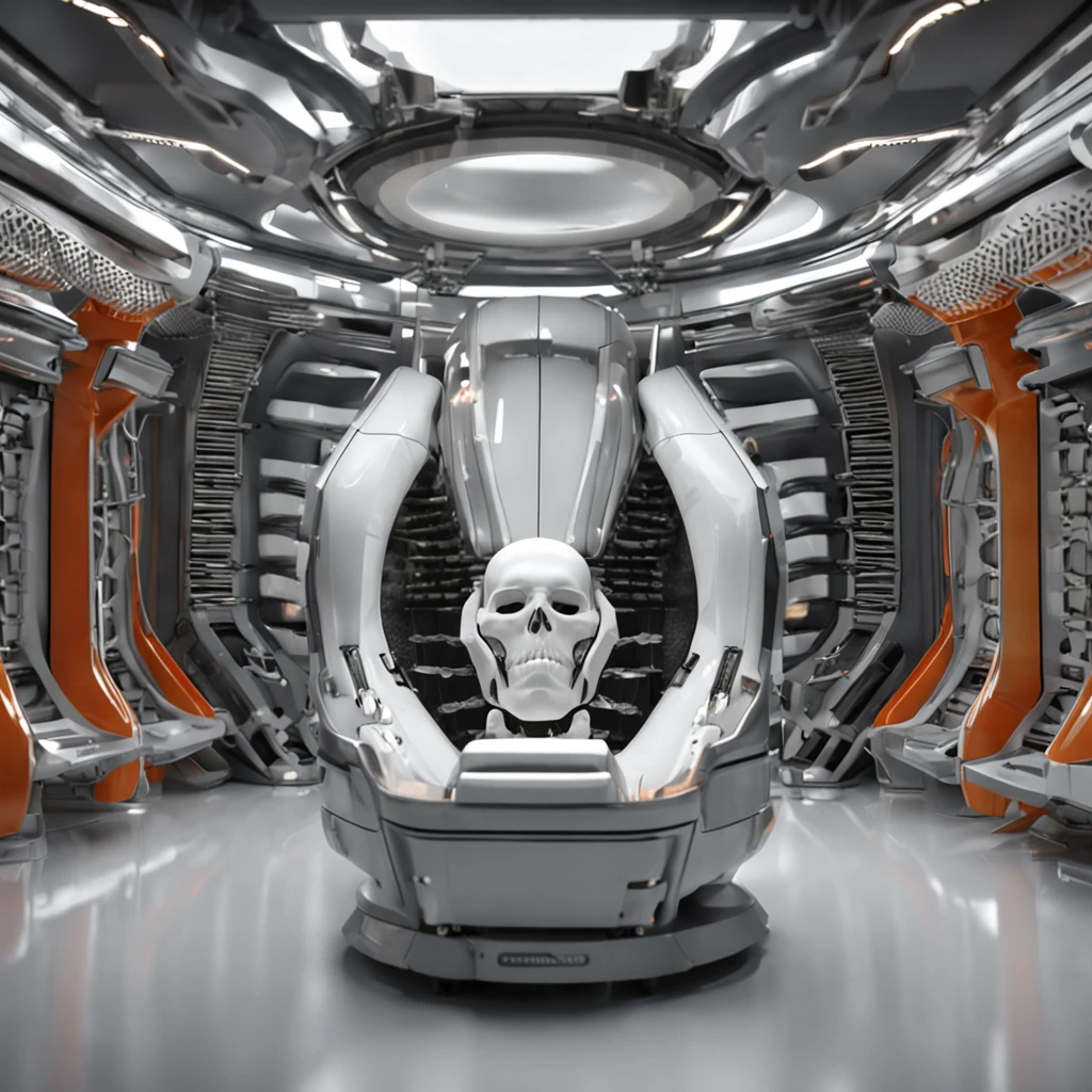 render realista de octanagem 3d de um closeup de um ciborgue projetado por Giger, the color scheme is white, preto, laranja. The cyborg is inhabiting a clean engineering room, soft box lighting