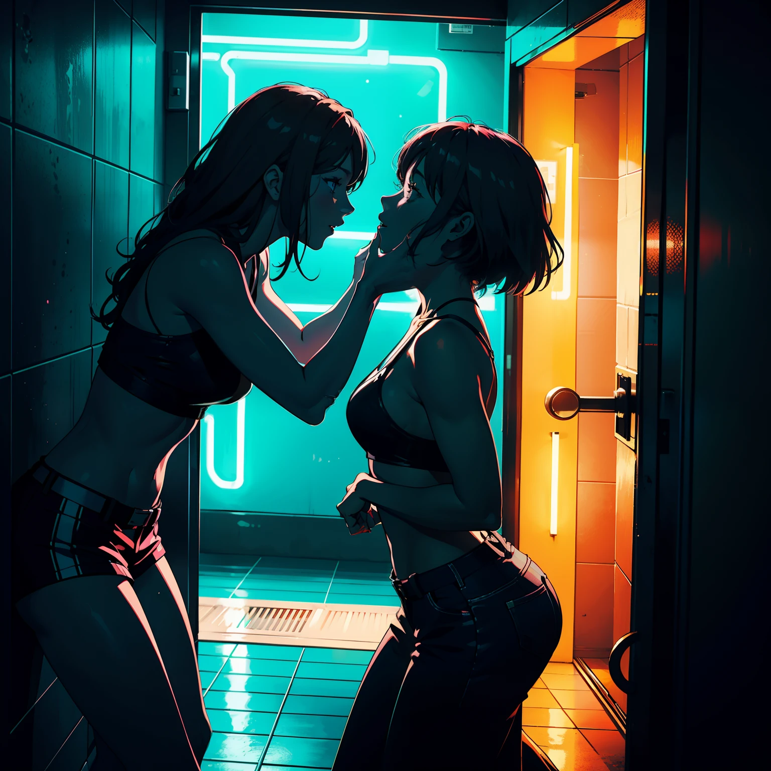 Two women aggressively making out in a bathroom, neon lights, locked bathroom door, enjoying each other