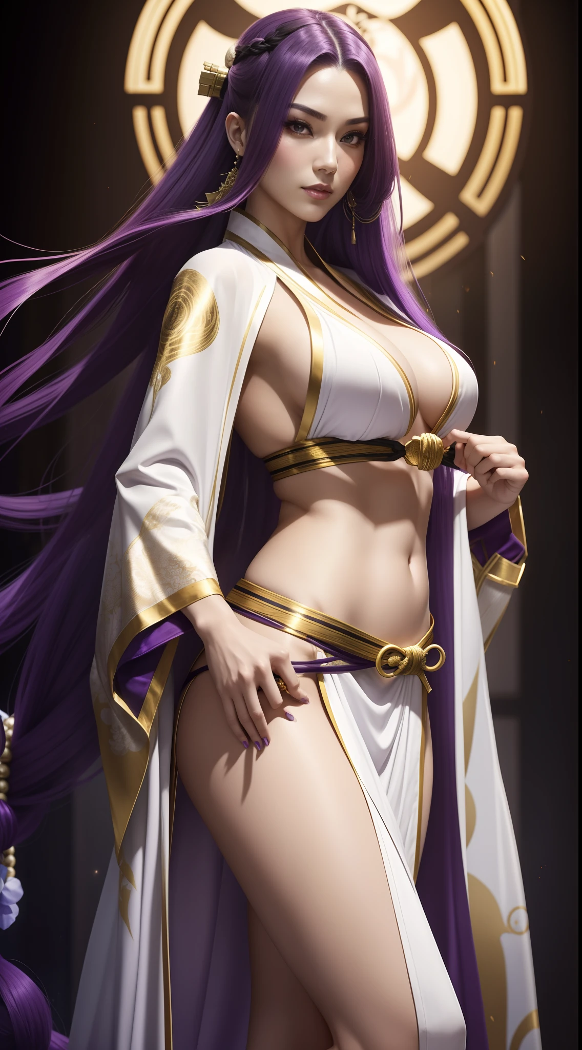 A beautiful woman with long purple hair wearing a white kimono with gold details who has a very sexy body who is a master of martial arts in the mortal kombat 11 style