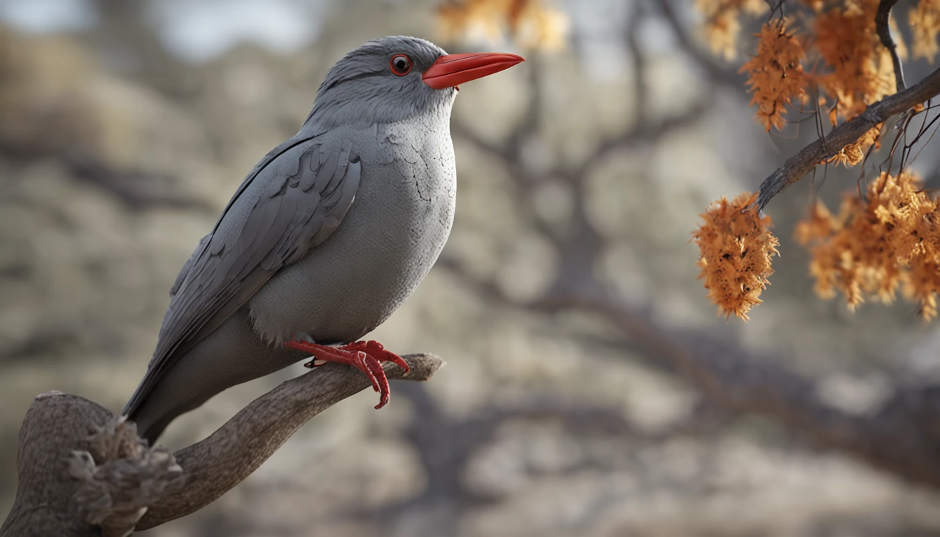 There is a grey-coloured yaco bird perched on a tree., Renderizado realista natural, fotorrealista altamente detallado, render fotorrealista, Arte conceptual fotorrealista, Render hiper real, Renderizado 3D realista rojo, Aves f CGsociety, Imagen fotorrealista, fotorrealista altamente detallado, Renderizado detallado hiperrealista, Imagen detallada fotorrealista, Red bird, super detailed render, Renderizado de alta calidad