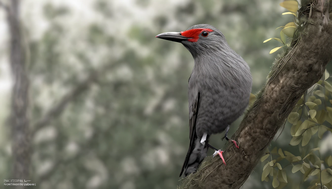 There is a grey-coloured yaco bird perched on a tree., Renderizado realista natural, fotorrealista altamente detallado, render fotorrealista, Arte conceptual fotorrealista, Render hiper real, Renderizado 3D realista rojo, Aves f CGsociety, Imagen fotorrealista, fotorrealista altamente detallado, Renderizado detallado hiperrealista, Imagen detallada fotorrealista, Red bird, super detailed render, Renderizado de alta calidad