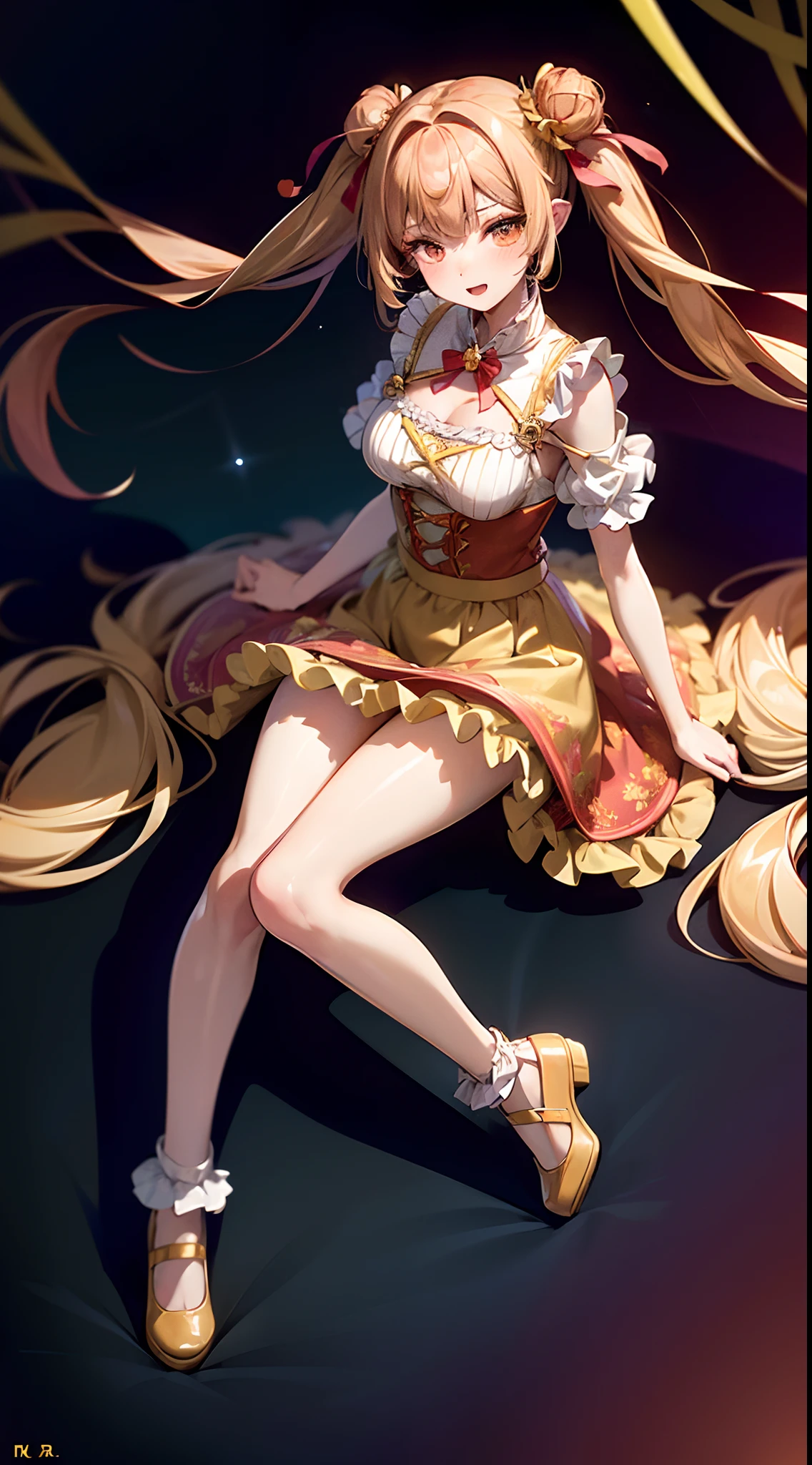 (fullbody, legs and shoes visible: 1.2)) expressive eyes, woman, pale skin, long hair, windblown hair, ((long hair)), long sidelocks, hime bangs, hair fringe, hair bun, ((long twintails)), lush hair, red hair, blushing, full face blushing, big sparkling glowing yellow eyes, (gradient eyes), open mouth smile, cute pose,
flowy flaming dress, ((gold multicolored open dress)), (mist), orange ruffles, yellow frills, (light red lace), detached short sleeves, puffy skirt, ((fire and stars print skirt : 1.3)), ta skirt, dark red bows, ((pompon ribbons hair ornament : 1.4)), multiple bows, striped lace stockings, (heart shaped leg garter), cute (dark orange) shoes ((hyperdetailed clothing and fashion)) looking at you, vintage girl, blushing, (beautiful detailed eyes), (extremely detailed CG unity 8k wallpaper) (best shadow), ((an extremely delicate and beautiful)), (detailed light), ((depth of field)) big head, big sparkling eyes, moe, splash art, cinematic lighting, frontal view, volumetric lighting maximalist photo illustration 64k resolution high res intricately detailed complex key visual precise linear
((in the dark palace background, surrounded by expensive decor, shooting stars)) ((hyperdetailed scenery, foggy, darkness : 1.3))