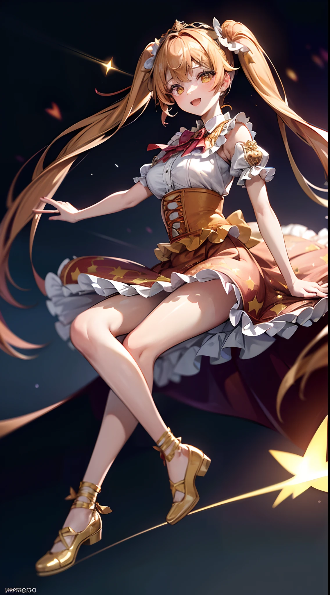 (fullbody, legs and shoes visible: 1.2)) expressive eyes, woman, pale skin, long hair, windblown hair, ((long hair)), long sidelocks, hime bangs, hair fringe, hair bun, ((long twintails)), lush hair, red hair, blushing, full face blushing, big sparkling glowing yellow eyes, (gradient eyes), open mouth smile, cute pose,
flowy flaming dress, ((gold multicolored open dress)), (mist), orange ruffles, yellow frills, (light red lace), detached short sleeves, puffy skirt, ((fire and stars print skirt : 1.3)), lolita skirt, dark red bows, ((pompon ribbons hair ornament : 1.4)), multiple bows, striped lace stockings, (heart shaped leg garter), cute (dark orange) shoes ((hyperdetailed clothing and fashion)) looking at you, vintage girl, blushing, (beautiful detailed eyes), (extremely detailed CG unity 8k wallpaper) (best shadow), ((an extremely delicate and beautiful)), (detailed light), ((depth of field)) big head, big sparkling eyes, moe, splash art, cinematic lighting, frontal view, volumetric lighting maximalist photo illustration 64k resolution high res intricately detailed complex key visual precise linear 
((in the dark palace background, surrounded by expensive decor, shooting stars)) ((hyperdetailed scenery, foggy, darkness : 1.3))