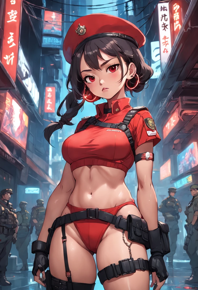 Cartoon-style digital art, pixar and disney features, beautiful asian woman, face like model esyonce, bonbon brown skin, slanted asian eyes, curly hair tied back, ponytail hairstyle, wearing red police beret, beret red military, wearing large hoop earrings, necklace with military identification hanging around the neck, full breasts, short red shirt, (showing belly and navel), small waist, tactical belt with several compartments, short shorts with camouflage print, thick thighs and calves , pistol holster attached to thigh, big butt, wearing leather gloves, long-legged tactical boots with high heels, wielding technological weapon of war, clothing with cutouts in cyberpunk style, cyberpunk conceptart-style setting, technological environment, sci-fi .