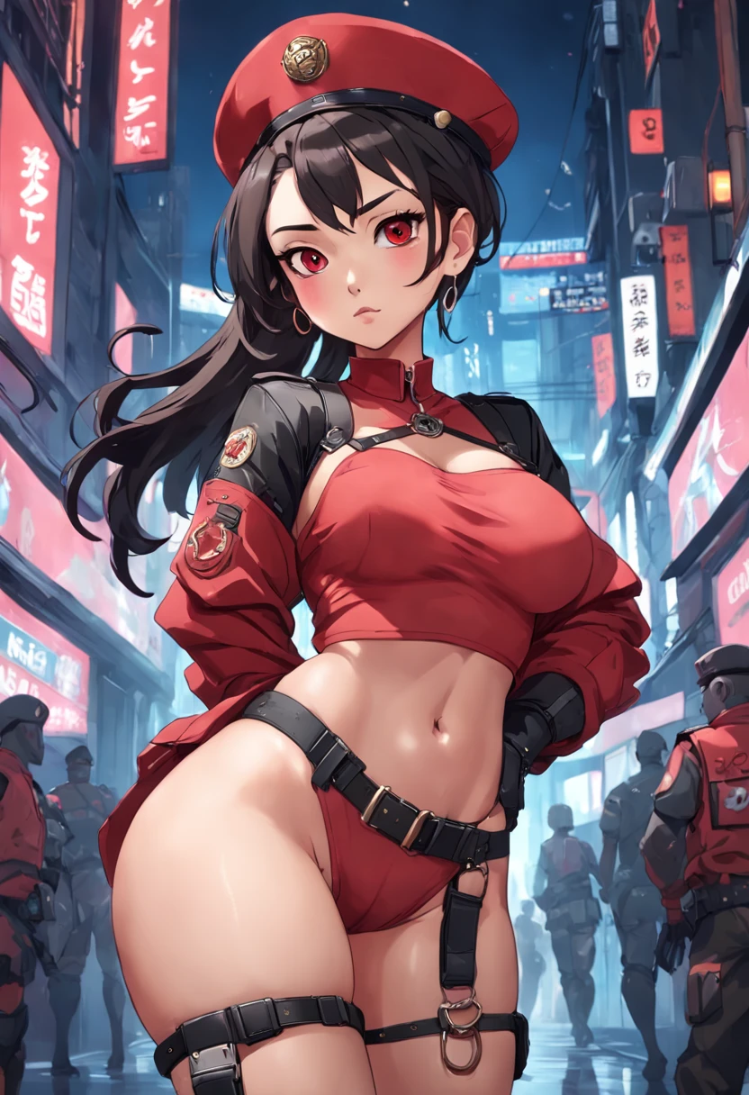 Cartoon-style digital art, pixar and disney features, beautiful asian woman, face like model esyonce, bonbon brown skin, slanted asian eyes, curly hair tied back, ponytail hairstyle, wearing red police beret, beret red military, wearing large hoop earrings, necklace with military identification hanging around the neck, full breasts, short red shirt, (showing belly and navel), small waist, tactical belt with several compartments, short shorts with camouflage print, thick thighs and calves , pistol holster attached to thigh, big butt, wearing leather gloves, long-legged tactical boots with high heels, wielding technological weapon of war, clothing with cutouts in cyberpunk style, cyberpunk conceptart-style setting, technological environment, sci-fi .