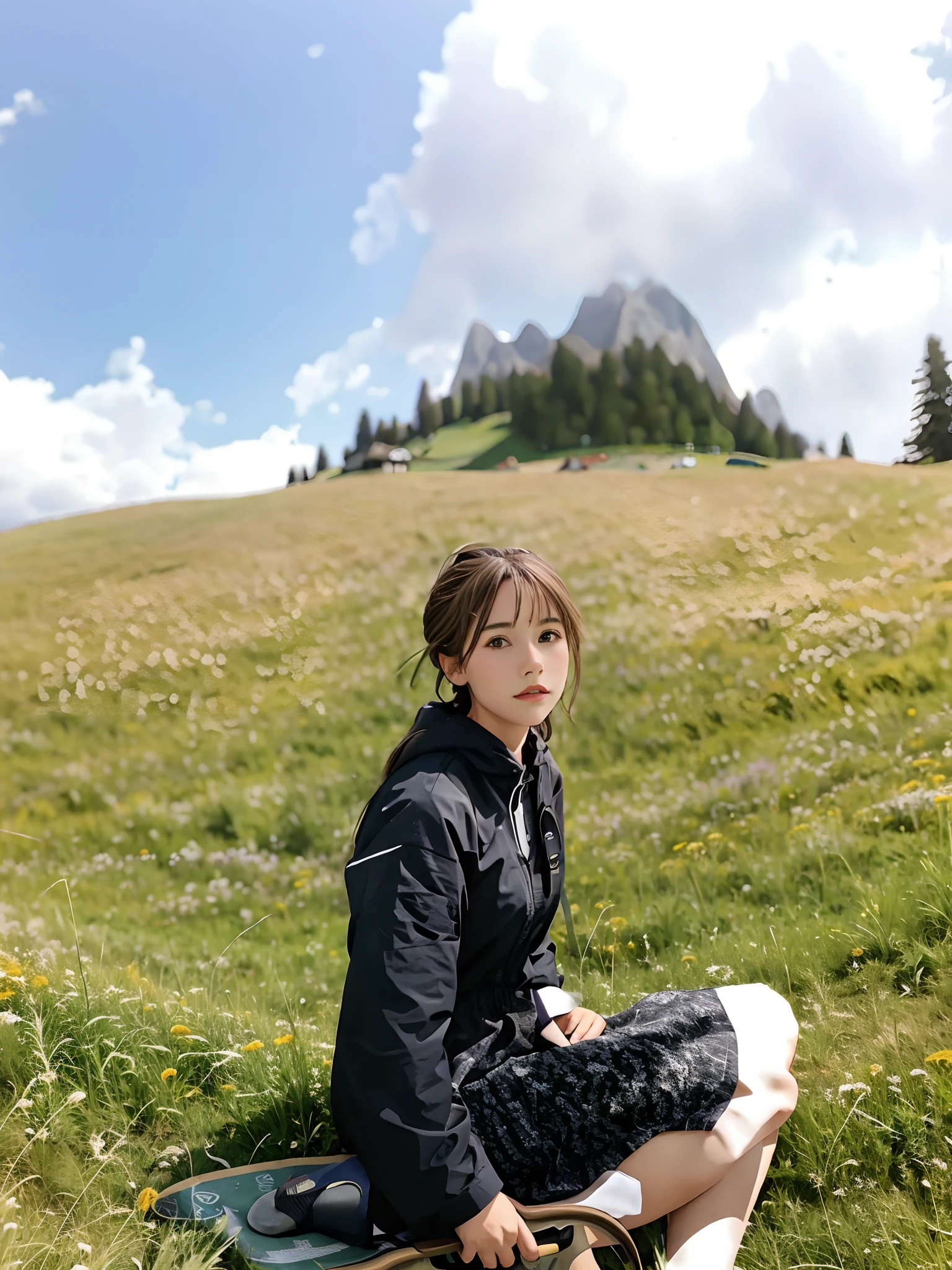there is a woman sitting on a field of grass with a skateboard, in mountains, in the mountains, meadow in the background, in a meadow, on a green hill, with mountains in the background, sitting in a field, in a field, on a mountain, sitting cutely on a mountain, on the mountain, hills in the background, on a hill