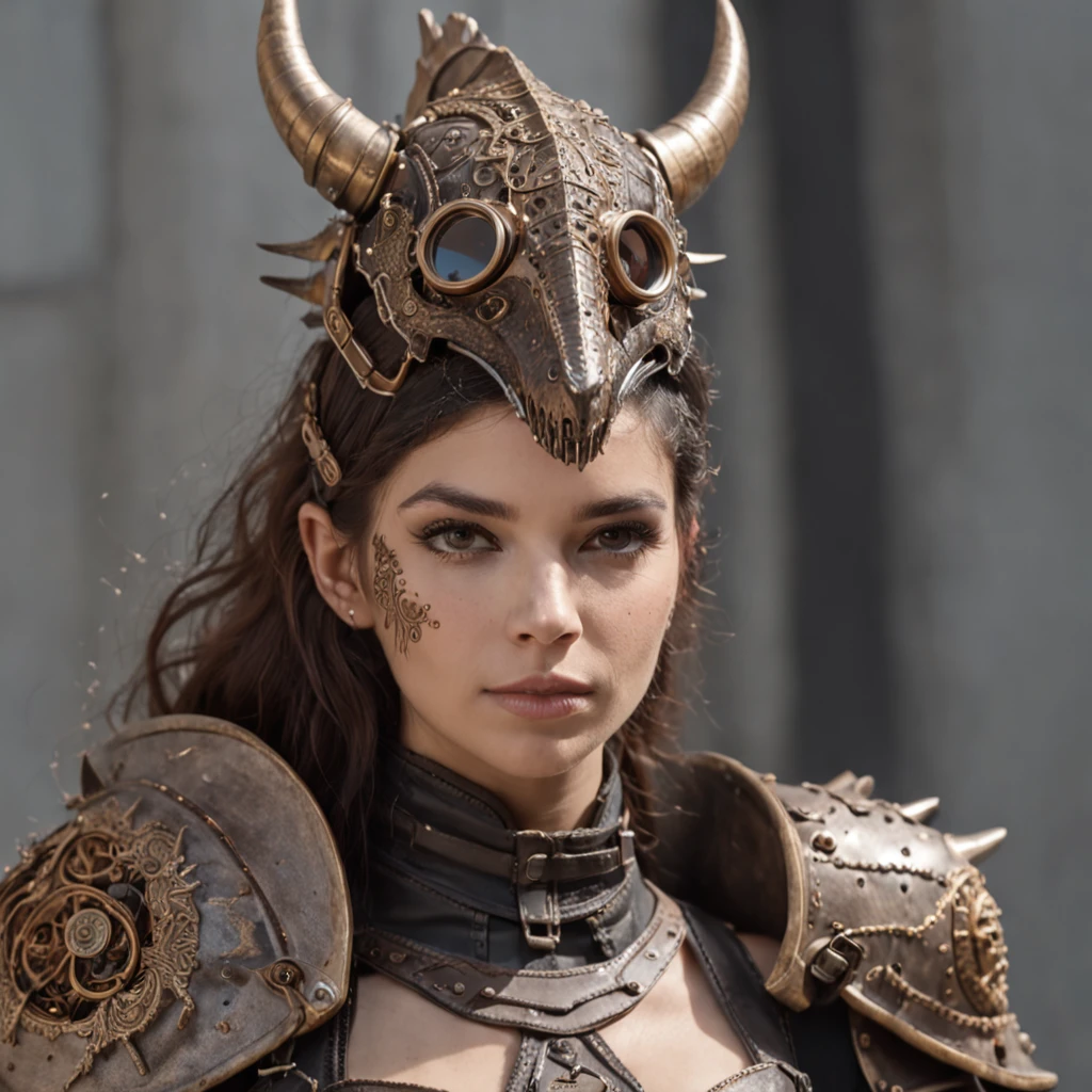 Guerreiro de armadura pesada estilo steampunk, Female dragon armor, e um pet junto da guerreira.