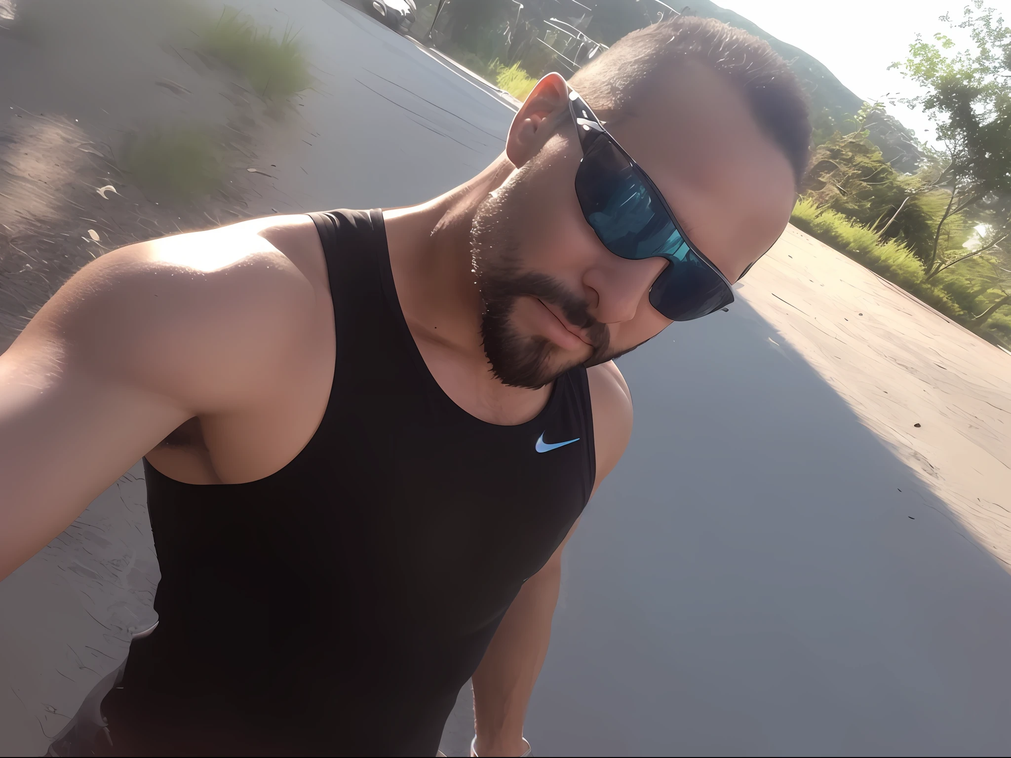 The man will not wear a shirt, He will be naked, and you will see all his bare chest, full and complete. Add his muscular arm touching his penis , naked body