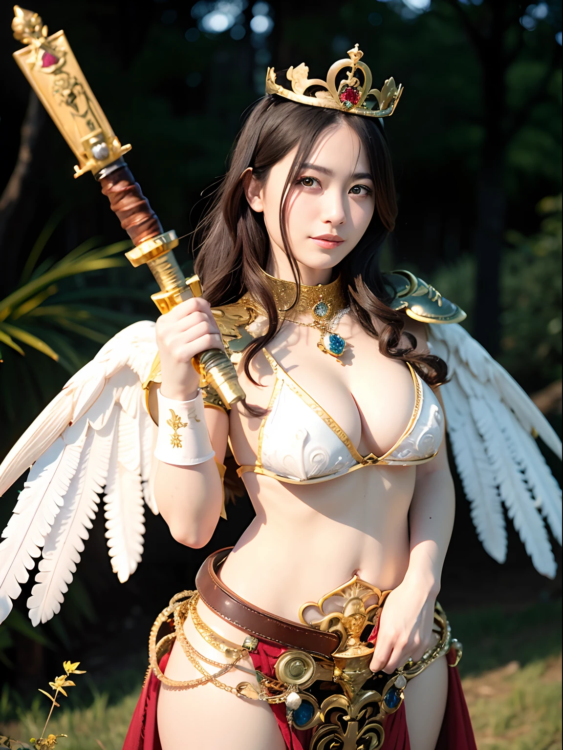 (masutepiece), Professional , masterpiece、top-quality、photos realistic , depth of fields (Gemstone White Metal Body:1.9),(Matte White、Jewel Gold Weapon(Jewel Metal Body:1.4),Gorgeous metal weapons ,(( Detailed and gorgeous sword of the brave)) , Beautiful knife ,warhammer 40k , adepta sororitas,Detail and ornate jewel crown、((Micro Bikini Armor))、((Gangle's forest background))、Beautiful Caucasian beauty、1a person、dynamic ungle,(((Detailed and ornate diamond crown)))、Smaller head、A smile、Background inside the castle、Thin and beautiful female hands、cleavage of the breast、Soldier in iron armor on background、Mystical expression、Light Effects、intense fighting、Wind-effect、magic circles、With the legendary magic wand、(wings of light)、Toostock、Anatomically correct body、