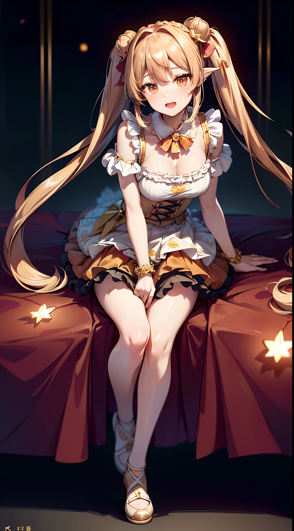 anime, masterpiece, cute girl, no panties, spread legs, lying on back, short skirt, white knee high socks, big , bronze hair, long hair, (hime cut:1.4), (embroidery breastplate, metal accent cape, thighhighs, pussy juice, detail, 4k, sexy, good pupil, 4k, detailed