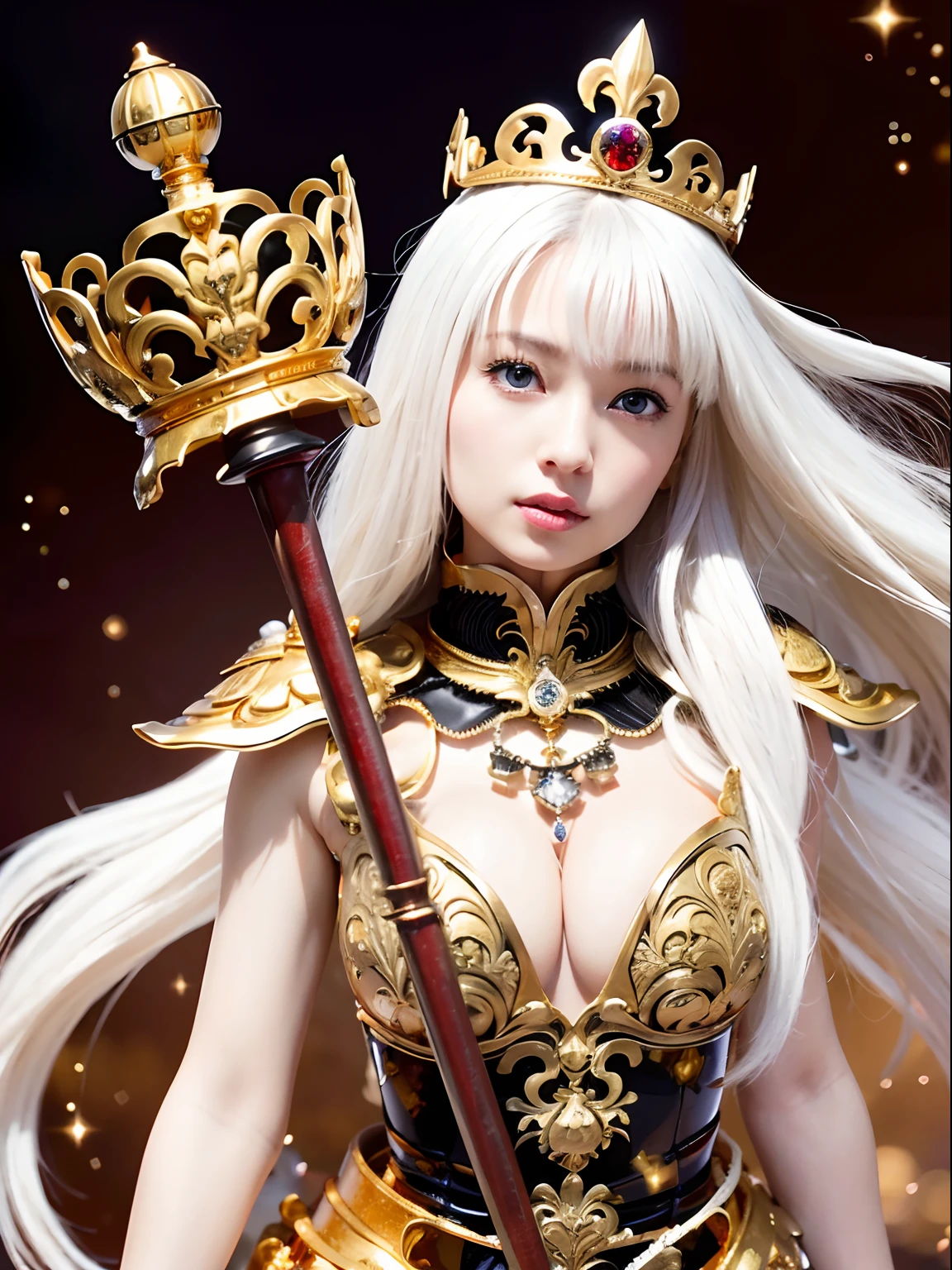 (masutepiece), Professional , masterpiece、top-quality、photos realistic , depth of fields (Gemstone White Metal Body:1.9),(Matte White、Jewel Gold Weapon(Jewel Metal Body:1.4),Gorgeous metal weapons ,(( Detailed and gorgeous sword of the brave)) , Beautiful knife ,warhammer 40k , adepta sororitas,Detail and ornate jewel crown、((Micro Bikini Armor))、((Gangle's forest background))、Beautiful Caucasian beauty、1a person、dynamic ungle,(((Detailed and ornate diamond crown)))、Smaller head、A smile、Background inside the castle、Thin and beautiful female hands、cleavage of the breast、Soldier in iron armor on background、Mystical expression、Light Effects、intense fighting、Wind-effect、magic circles、With the legendary magic wand、(wings of light)、Toostock、Anatomically correct body、