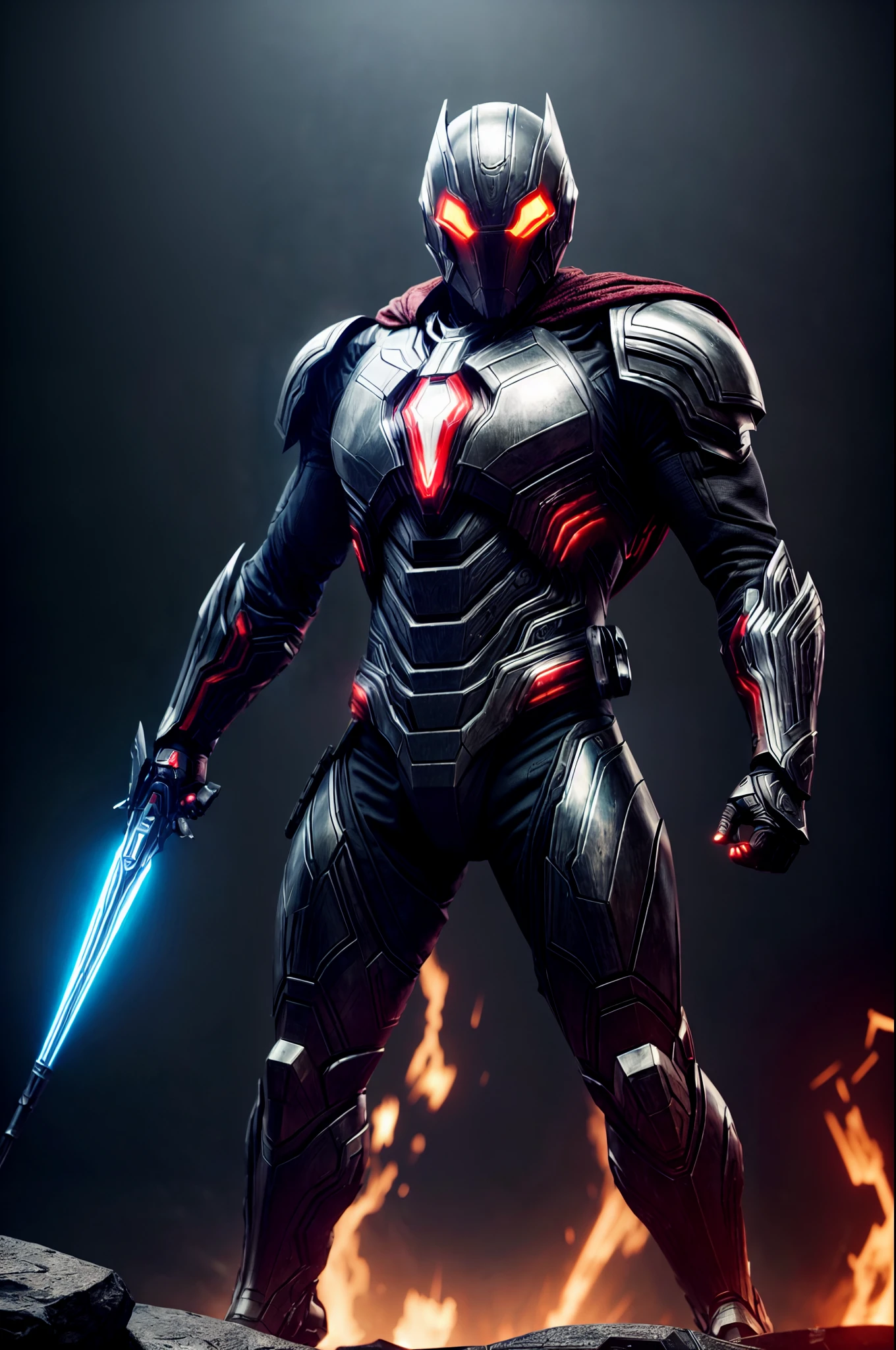 An intricate image of a Futuristic power-suit with armor and ai, that resembles a assasin with demon shaped helmet with glowing ember eyes, intricate armored wings, Superhero landing pose, micro-details, photorealism, one light, dark photo, deep shadows, shallow depth of field, photorealistic, Surrealism, high quality, masterpiece, 8k, 8k, super detail, full body portrait,  extremely muscular, scratched, dented, battle scars, flying with his boosters