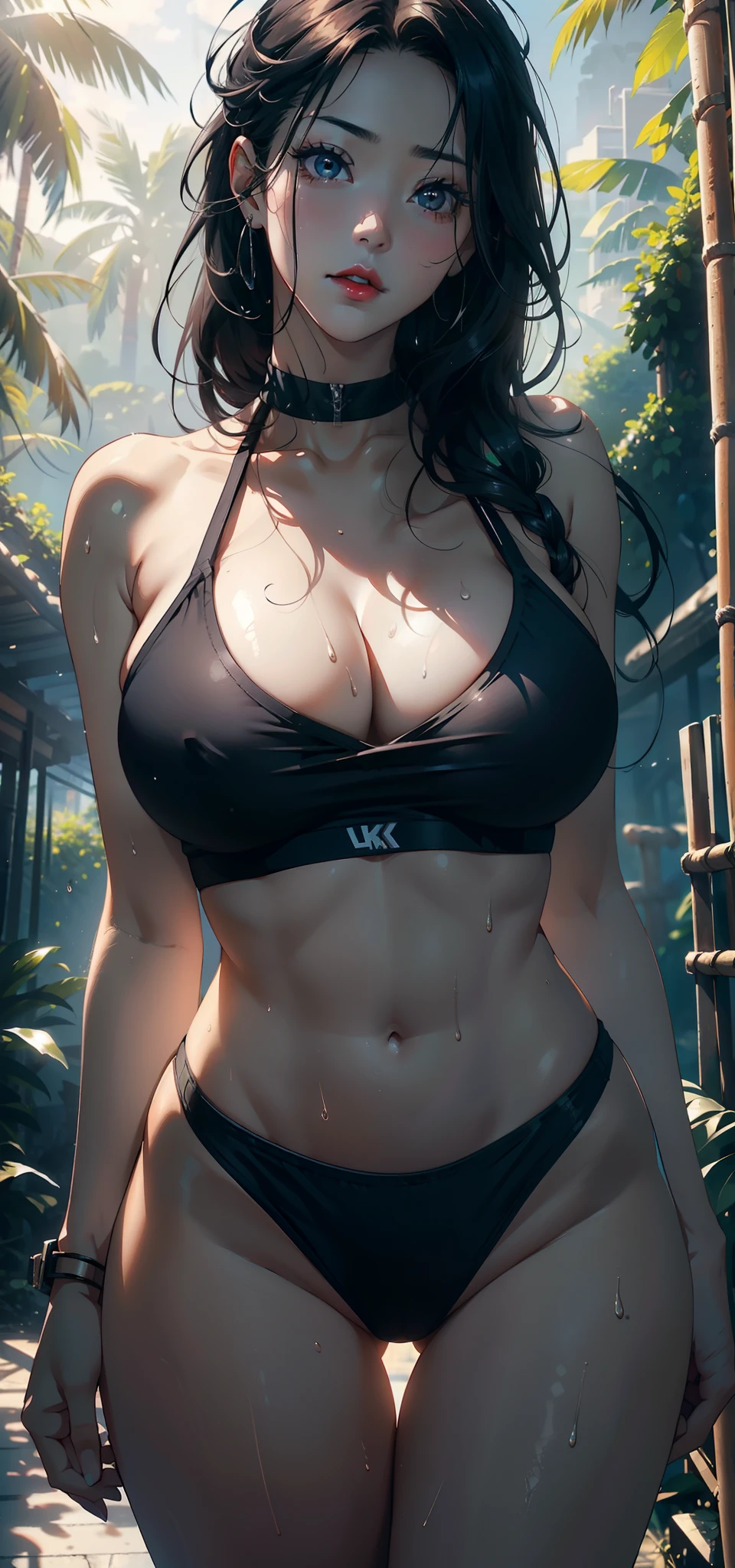 1female,36 years old,Big breasts Thin waist,long leges,Raised sexy,Pornographic exposure, 独奏,(Background with:bamboo forrest,basketball playground) She has very short black hair,standing on your feet,Sweat profusely,drenched all over the body,seen from the front, hair straight, mostly cloudy sky,(((tmasterpiece),(Very detailed CG unity 8K wallpaper),best qualtiy,cinmatic lighting,detailed back ground,beatiful detailed eyes,Bright pupils,(Very fine and beautiful),(Beautiful and detailed eye description),Black eyes,Redlip,ultra - detailed,tmasterpiece,)),facing at camera,(The upper part of the body),A high resolution,ultra - detailed),revealing breasts,Bare genitalia, Bulge,legs are open,sexyposture,Camel toes,Flushed complexion,Open-mouthed,frontage,cropped shoulders,Expose cleavage,elementary student,(Wearing:Sportswear set,athletic sneakers)