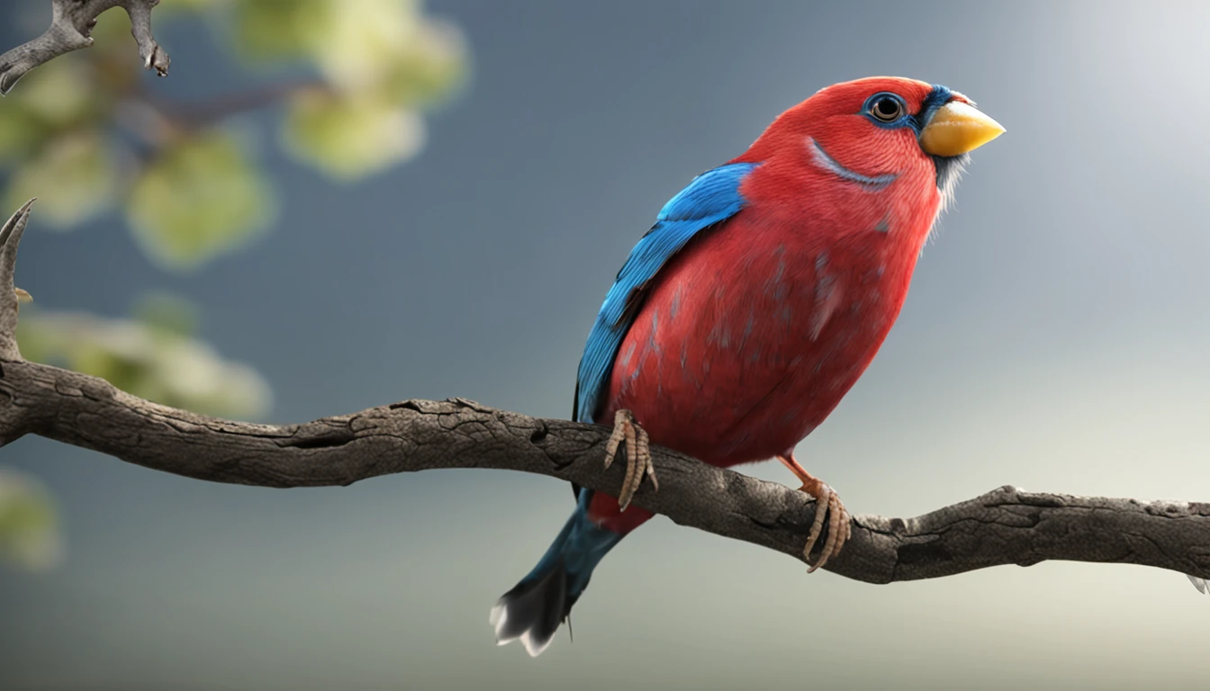 Blue Finch bird species parrot breed Yaco perched on a tree, Renderizado realista natural, fotorrealista altamente detallado, render fotorrealista, Arte conceptual fotorrealista, Render hiper real, Renderizado 3D realista rojo, Aves f CGsociety, Imagen fotorrealista, fotorrealista altamente detallado, Renderizado detallado hiperrealista, Imagen detallada fotorrealista, Red bird, super detailed render, Renderizado de alta calidad